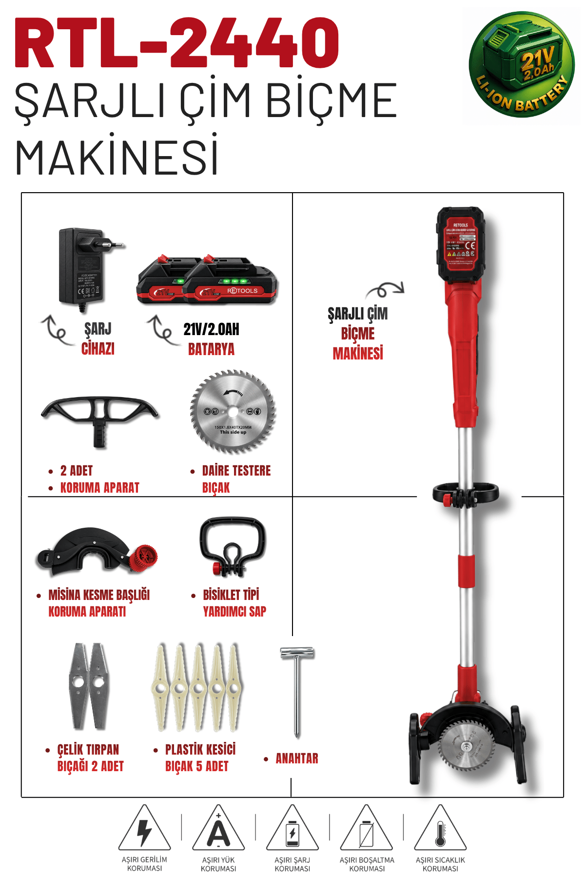 Retools Bordo Şarjlı Çim Biçme Makinesi (2 Adet 2.0 ah Batarya)