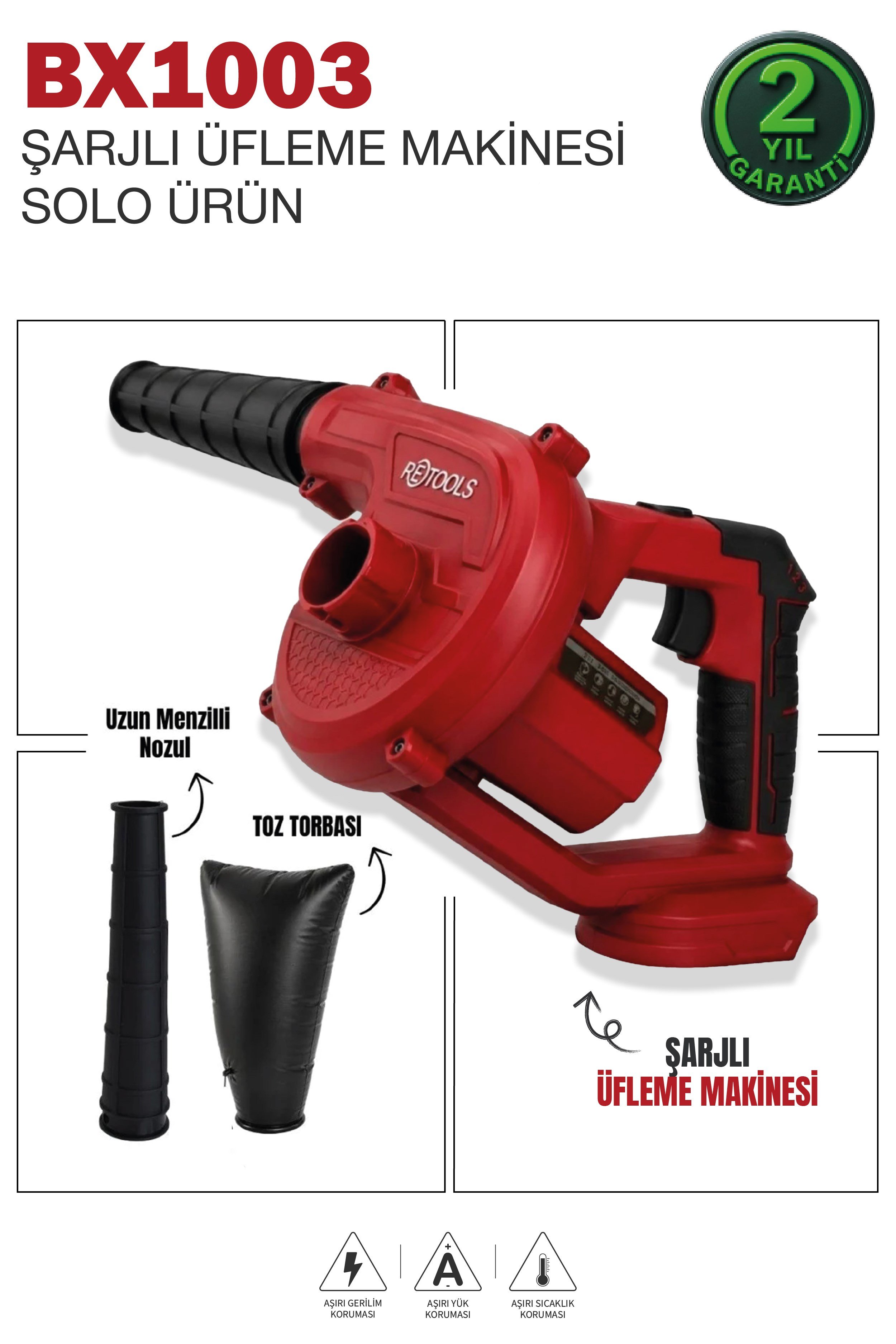 Retools BX1003 Kömürsüz Akülü Üfleme ve Vakum Makinesi (Solo - Bataryasız)