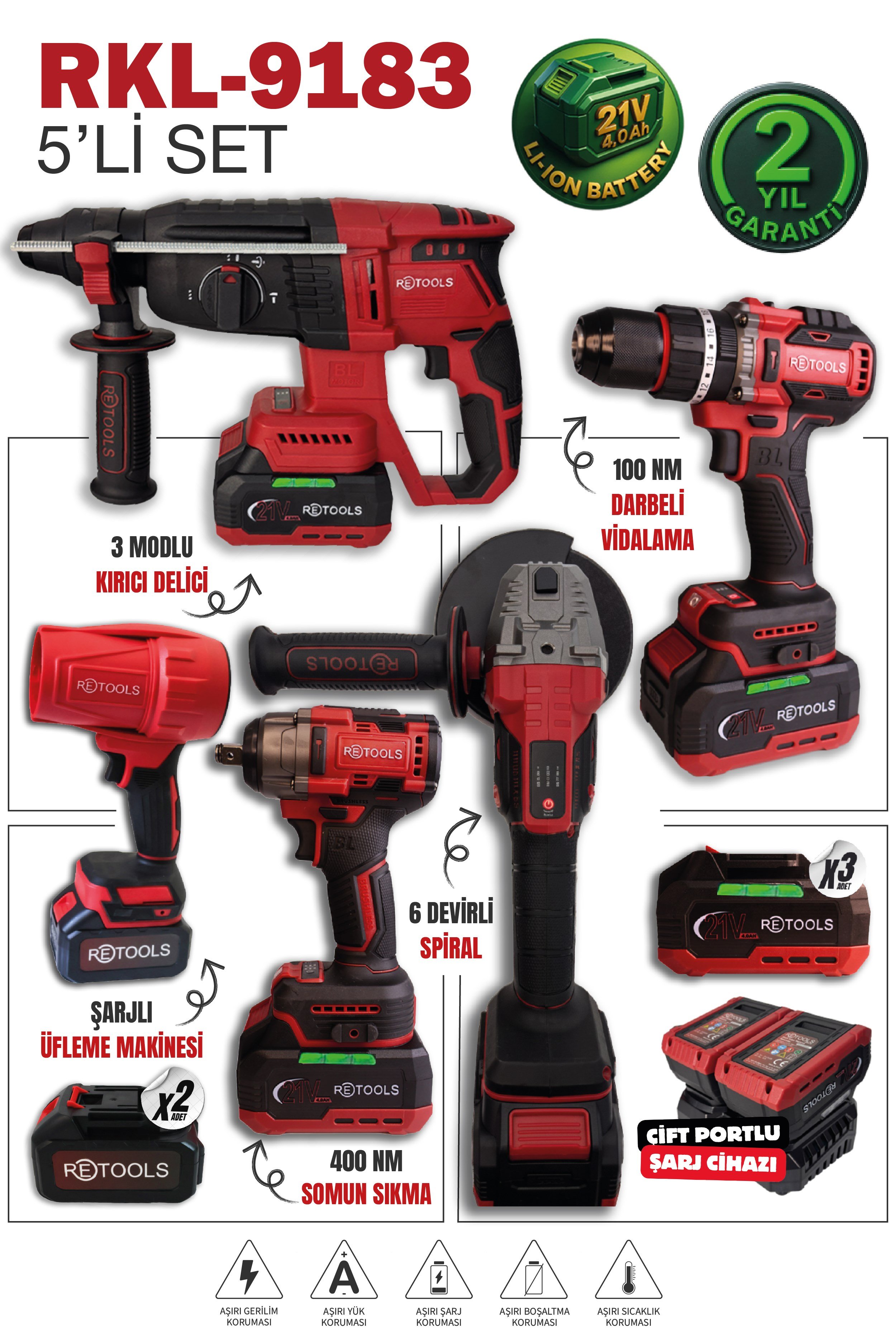 Retools RKL-9183 21V Profesyonel 5'li Set - Hava Üflemeli