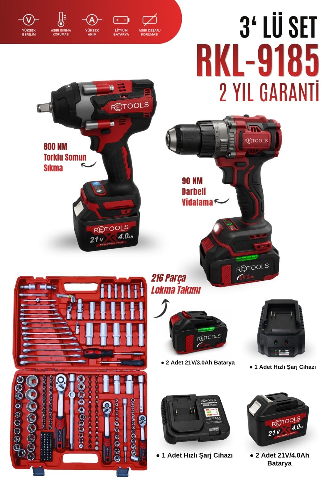 RETOOLS RKL-9185 21V Akülü 3'lü Set