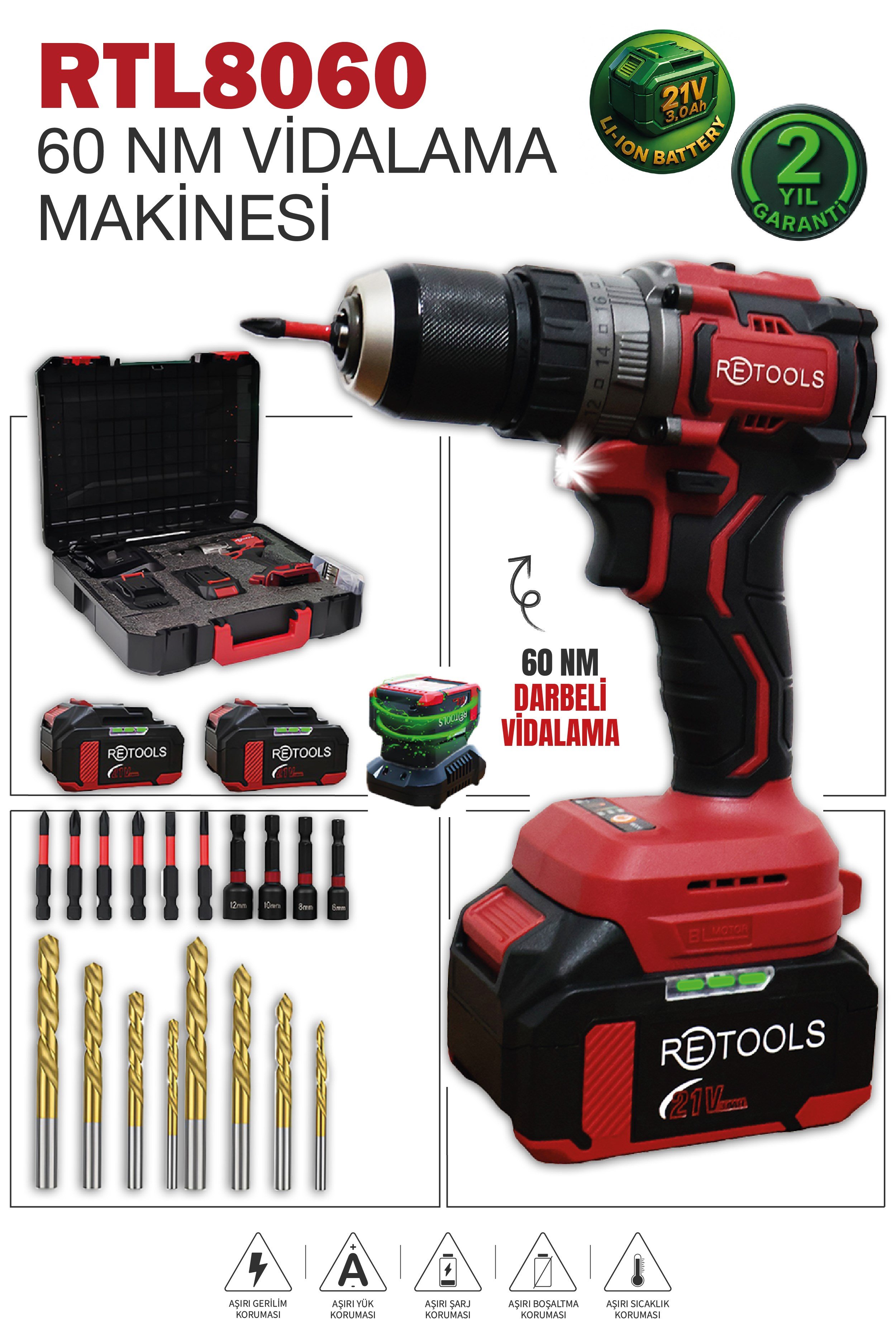 RETOOLS RTL8060 21V 3.0Ah Profesyonel Şarjlı Darbeli Vidalama Makinesi