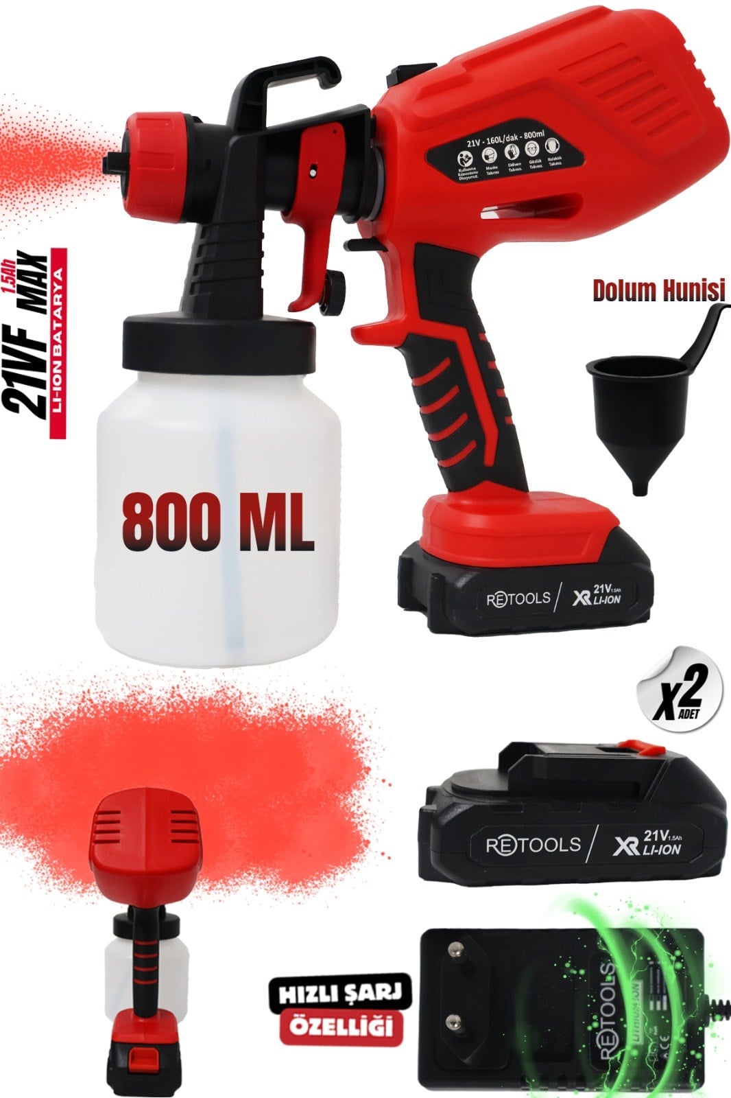 Retools Şarjlı Boya Tabancası Kırmızı