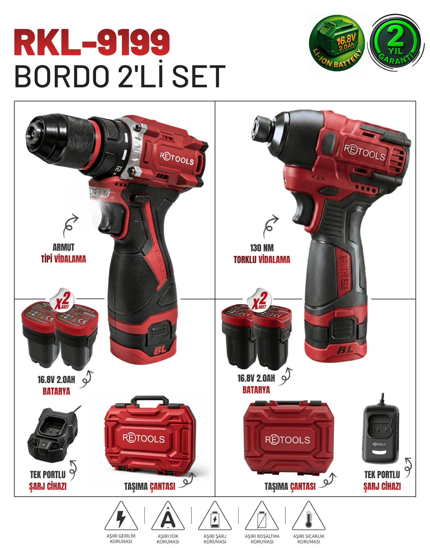 RKL-9199 BORDO 2'Lİ SET (ARMUT VİDALAMA + ŞARJLI TORKLU VİDALAMA)