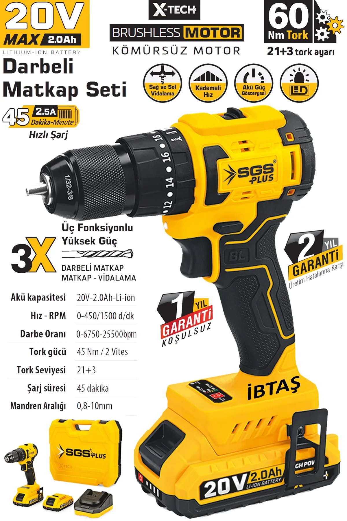 SGS AKÜLÜ DARBELİ MATKAP SETİ 20V 60NM TORK 2*2.0AH (KÖMÜRSÜZ MOTOR)