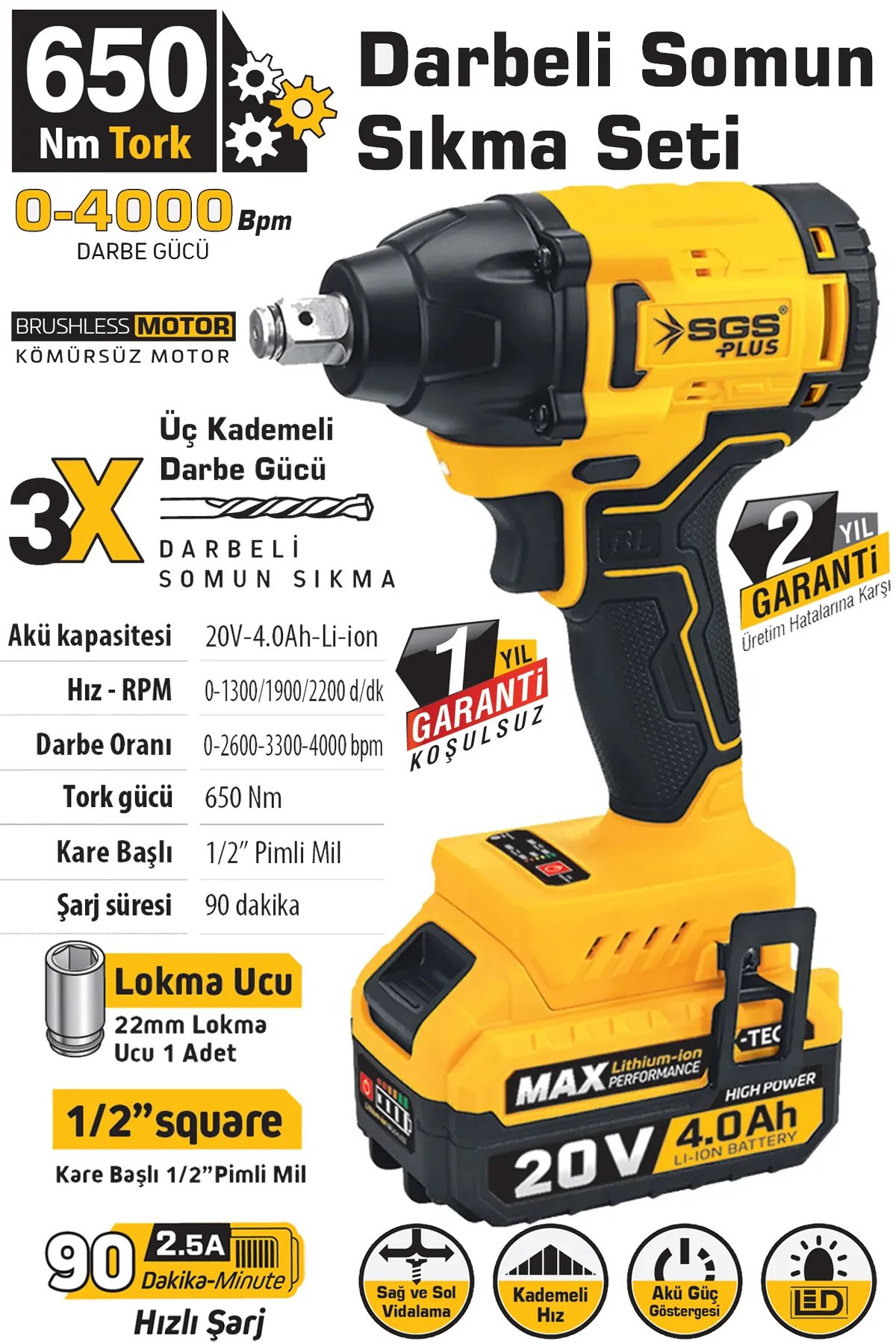 SGS DARBELİ SOMUN SIKMA SETİ 650 NM TORK 1/2” 1*4.0 AH (KÖMÜRSÜZ MOTOR)