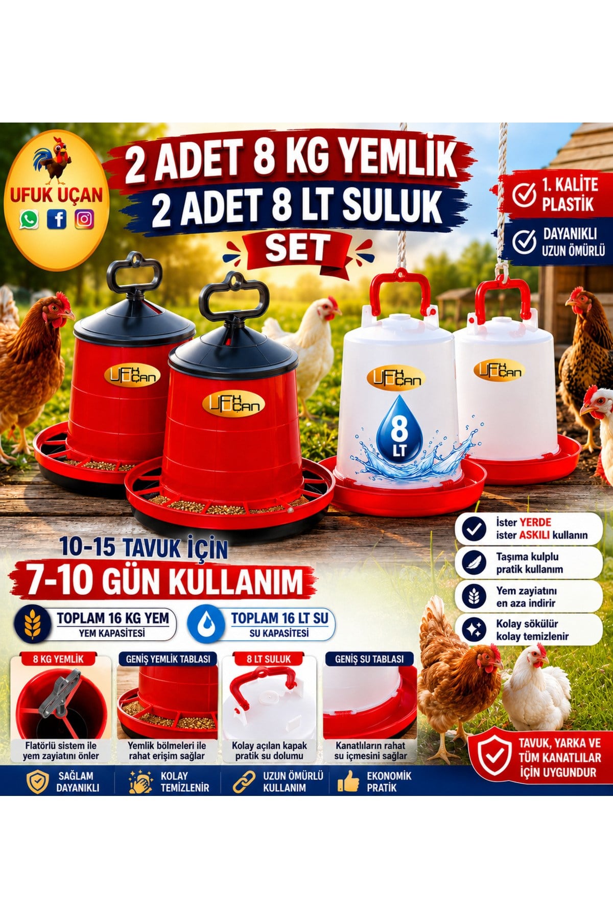 2 Adet 8 Kg Yemlik + 2 Adet 8 Lt Suluk Seti 10-15 Tavuk İçin 7-10 Gün Kullanım