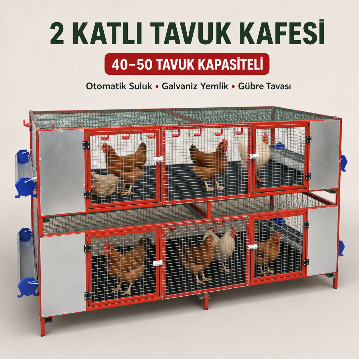 Tavuk Kafesi 2 Katlı Otomatik Suluklu Tavuk Kafesi 40/50 Kapasiteli