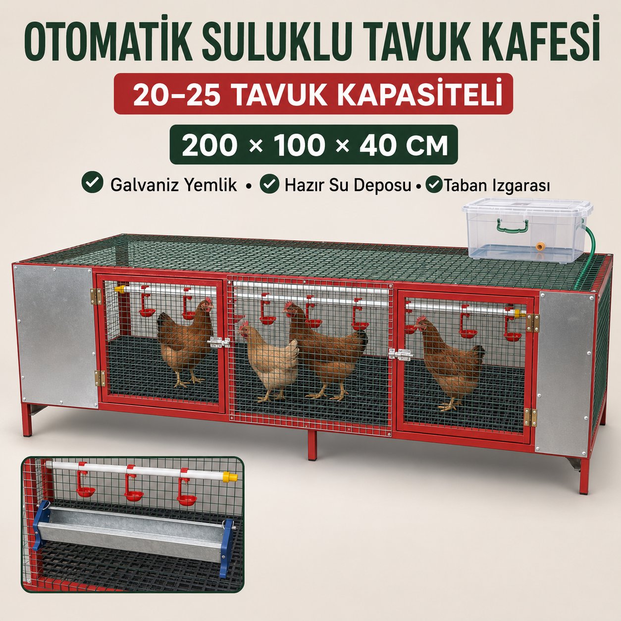 Tavuk Kafesi 20–25 Tavuk Kapasiteli Otomatik Suluklu  – 200 × 100 × 40 cm