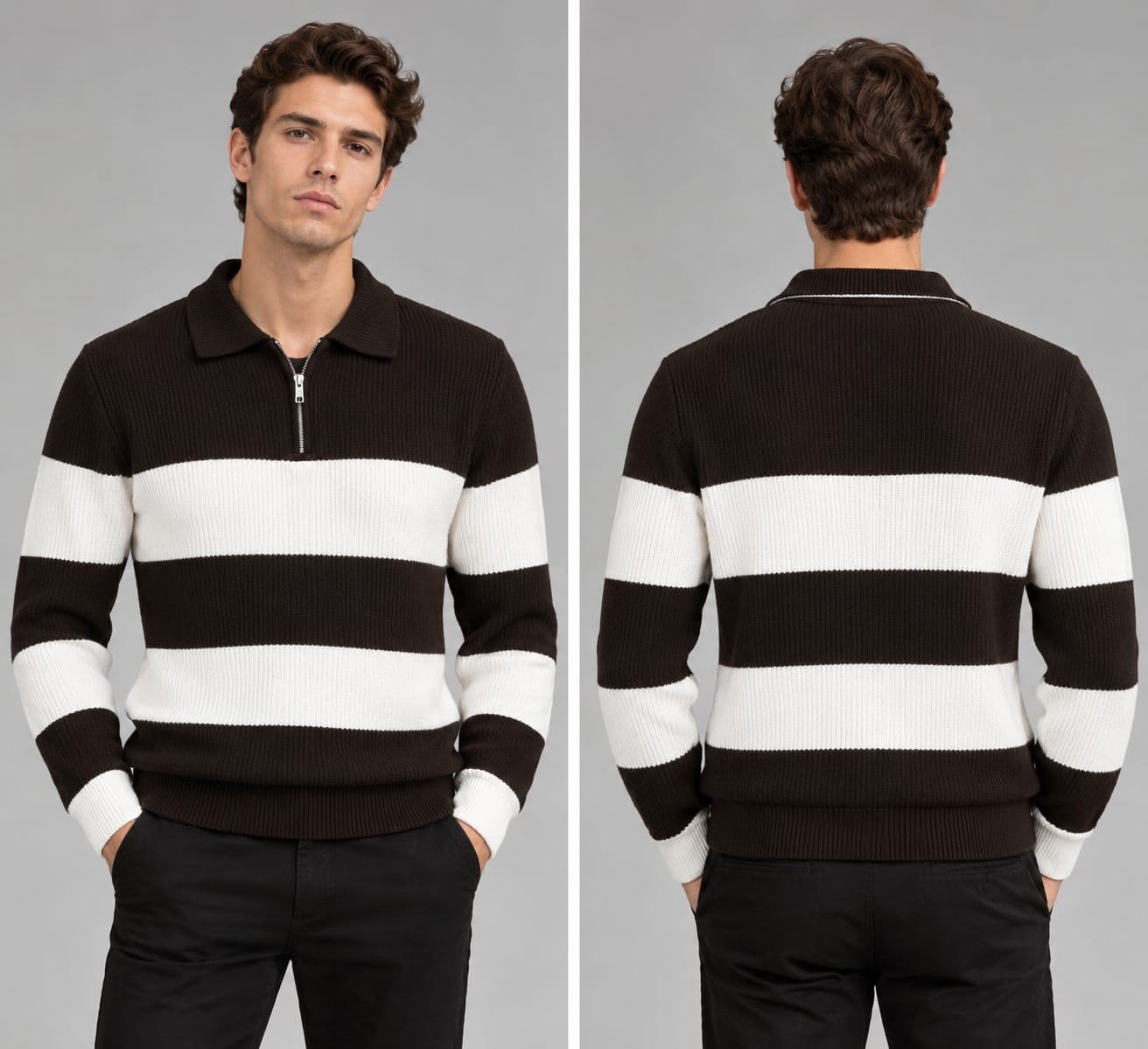 Polo Yaka Desenli Triko Sweatshirt - KAHVE - ST 509
