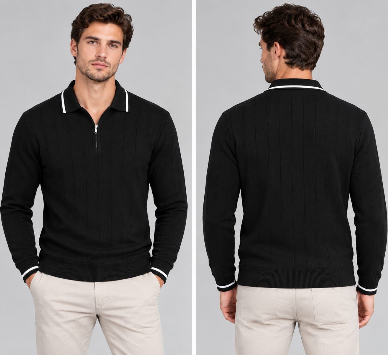 Polo Yaka Desenli Triko Sweatshirt - KAHVE  - ST 507