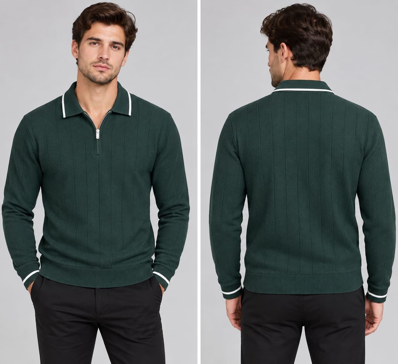 Polo Yaka Desenli Triko Sweatshirt - YEŞİL - ST 507