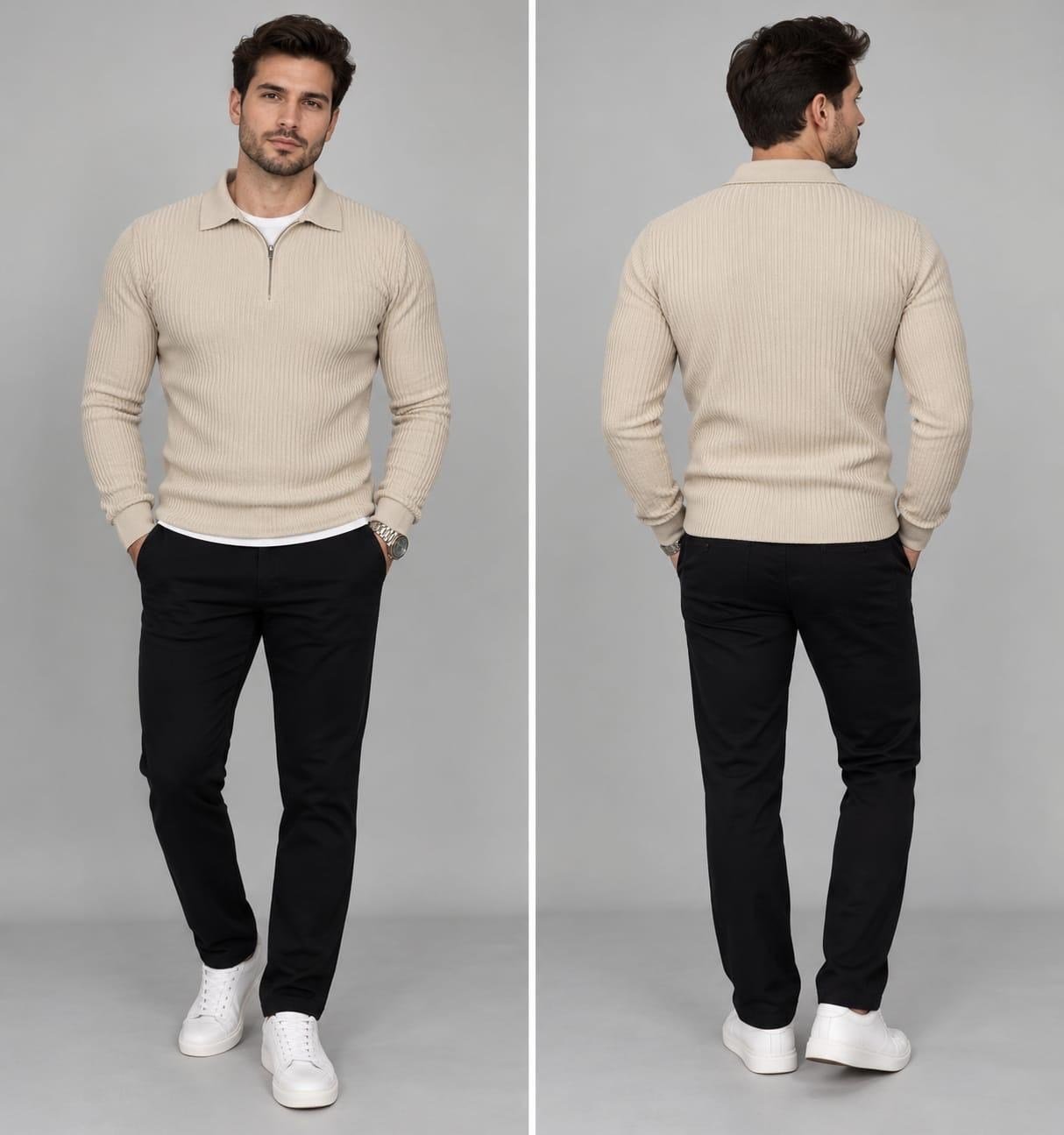 Polo Yaka Triko Sweatshirt - BEJ  - ST 506