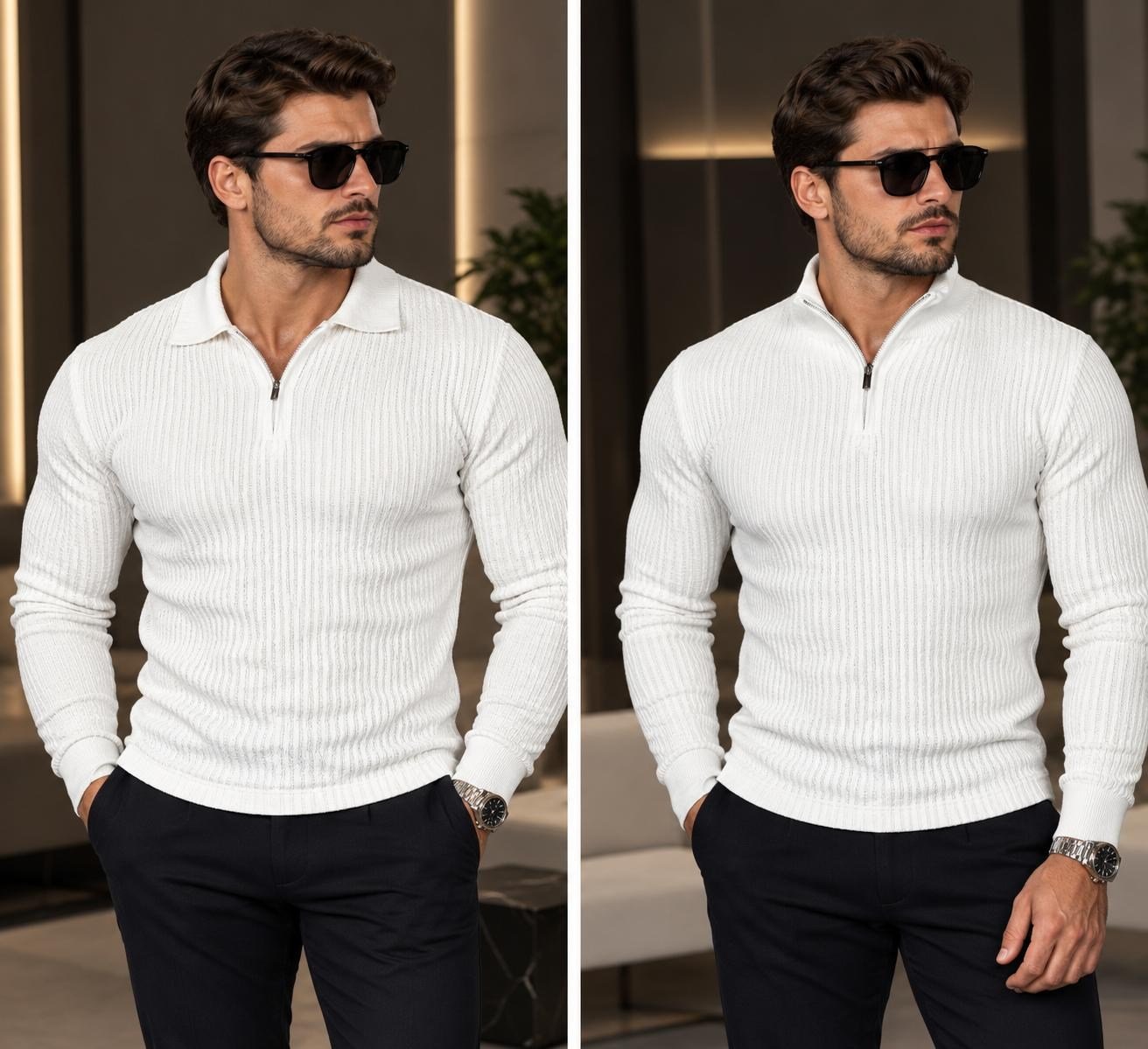 Polo Yaka Triko Sweatshirt - BEYAZ - ST 506