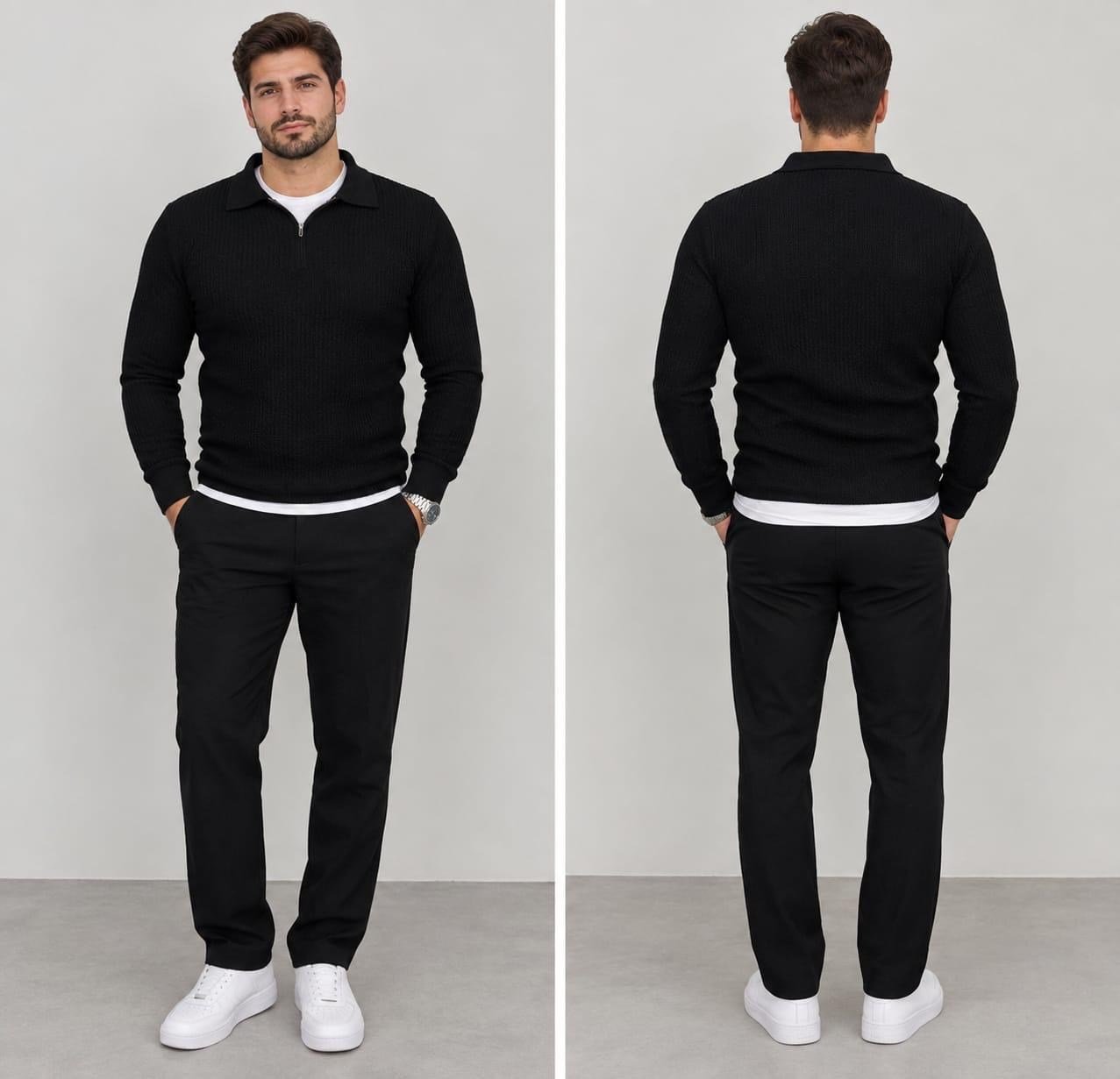Polo Yaka Triko Sweatshirt - SİYAH  - ST 506