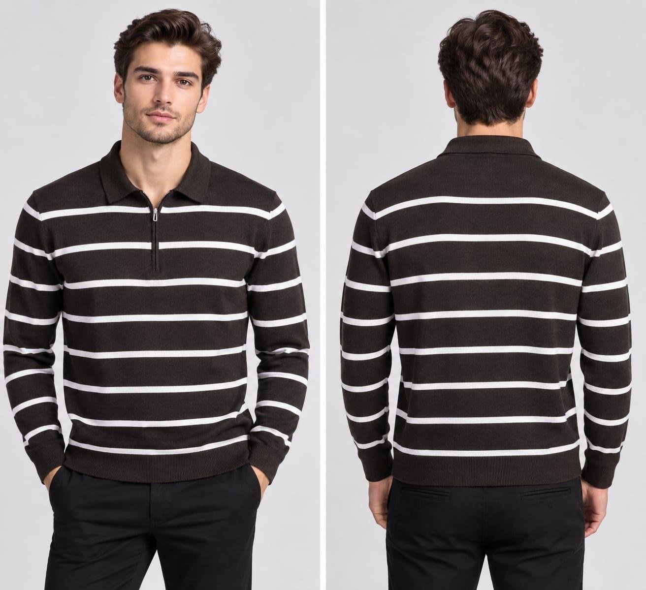 Polo Yaka Yarım Fermuarlı Çizgili Desenli Triko Sweatshirt - KAHVE    ST 508