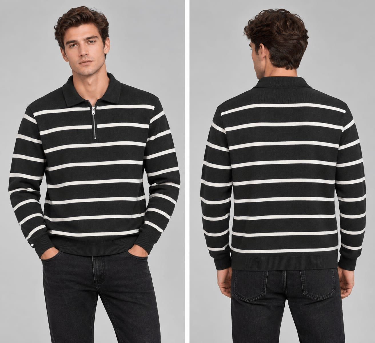 Polo Yaka Yarım Fermuarlı Çizgili Desenli Triko Sweatshirt - SİYAH  ST 508