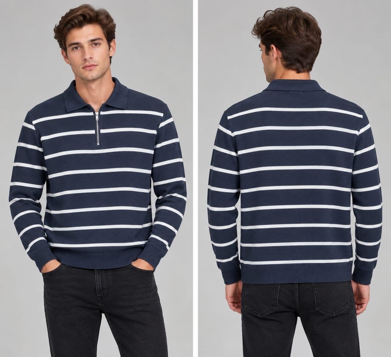 Polo Yaka Yarım Fermuarlı Çizgili Desenli Triko Sweatshirt - LACİVERT  ST 508