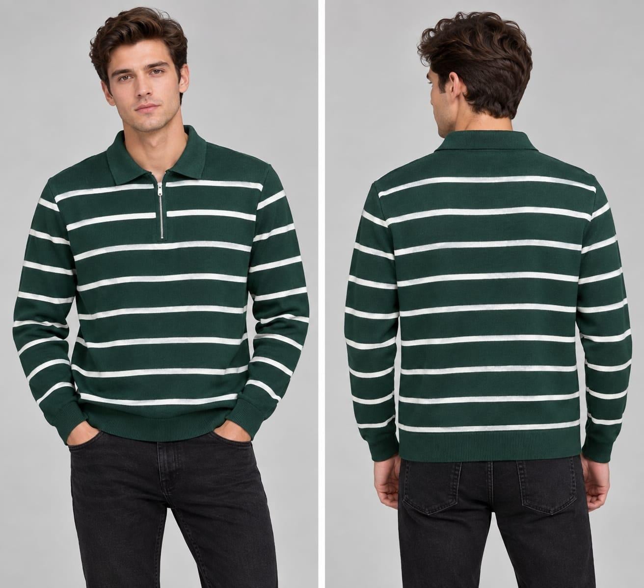 Polo Yaka Yarım Fermuarlı Çizgili Desenli Triko Sweatshirt -   YEŞİL   ST 508