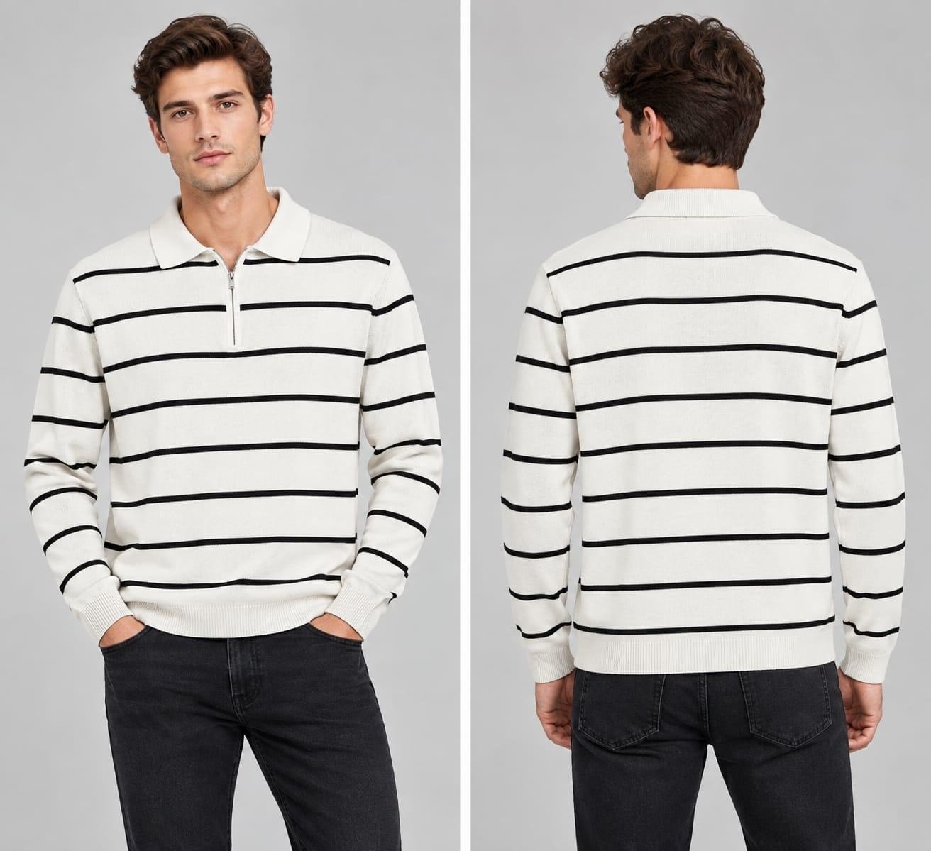Polo Yaka Yarım Fermuarlı Çizgili Desenli Triko Sweatshirt - BEYAZ     ST 508