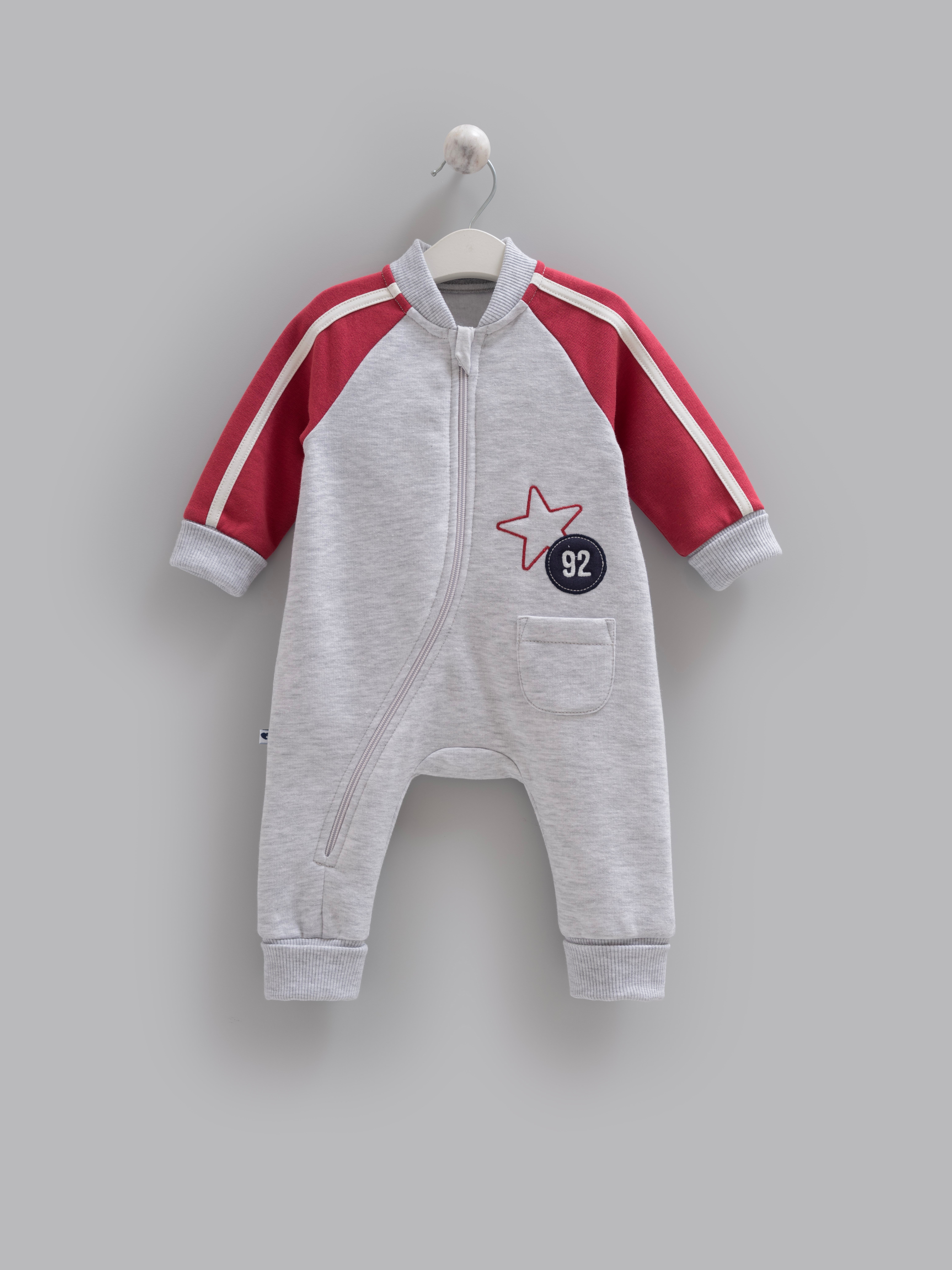 3 İplik Erkek Bebek Tulumu Pamuklu Çapraz Fermuarlı Yıldız Detaylı Renk Bloklu Kışlık Tulum - Miniccobaby