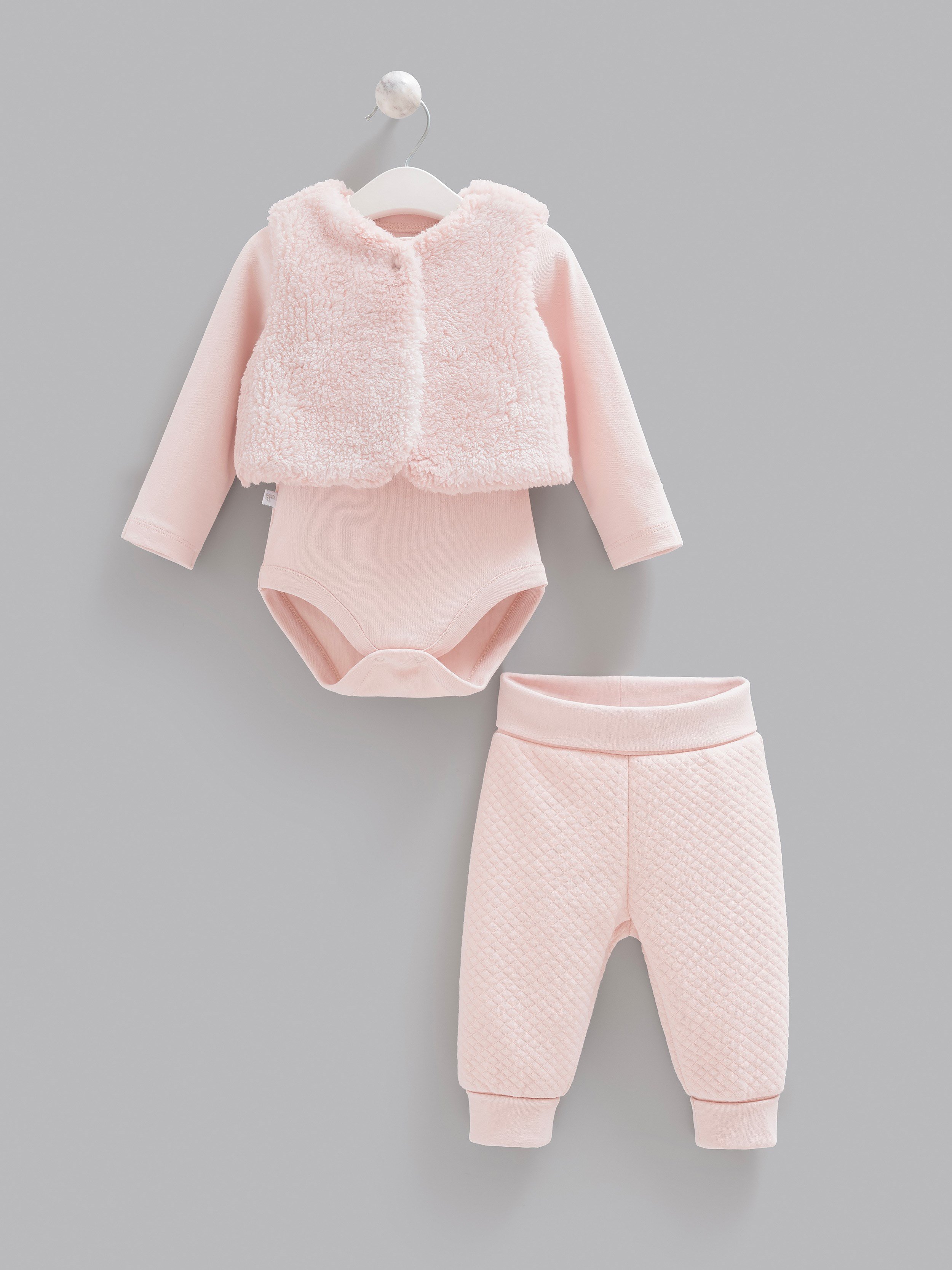 Kız Bebek 3'lü Takımı Pembe Peluş Yelekli Kapitone Altlı Uzun Kollu Body 3'lü Bebek Takımı - Miniccobaby
