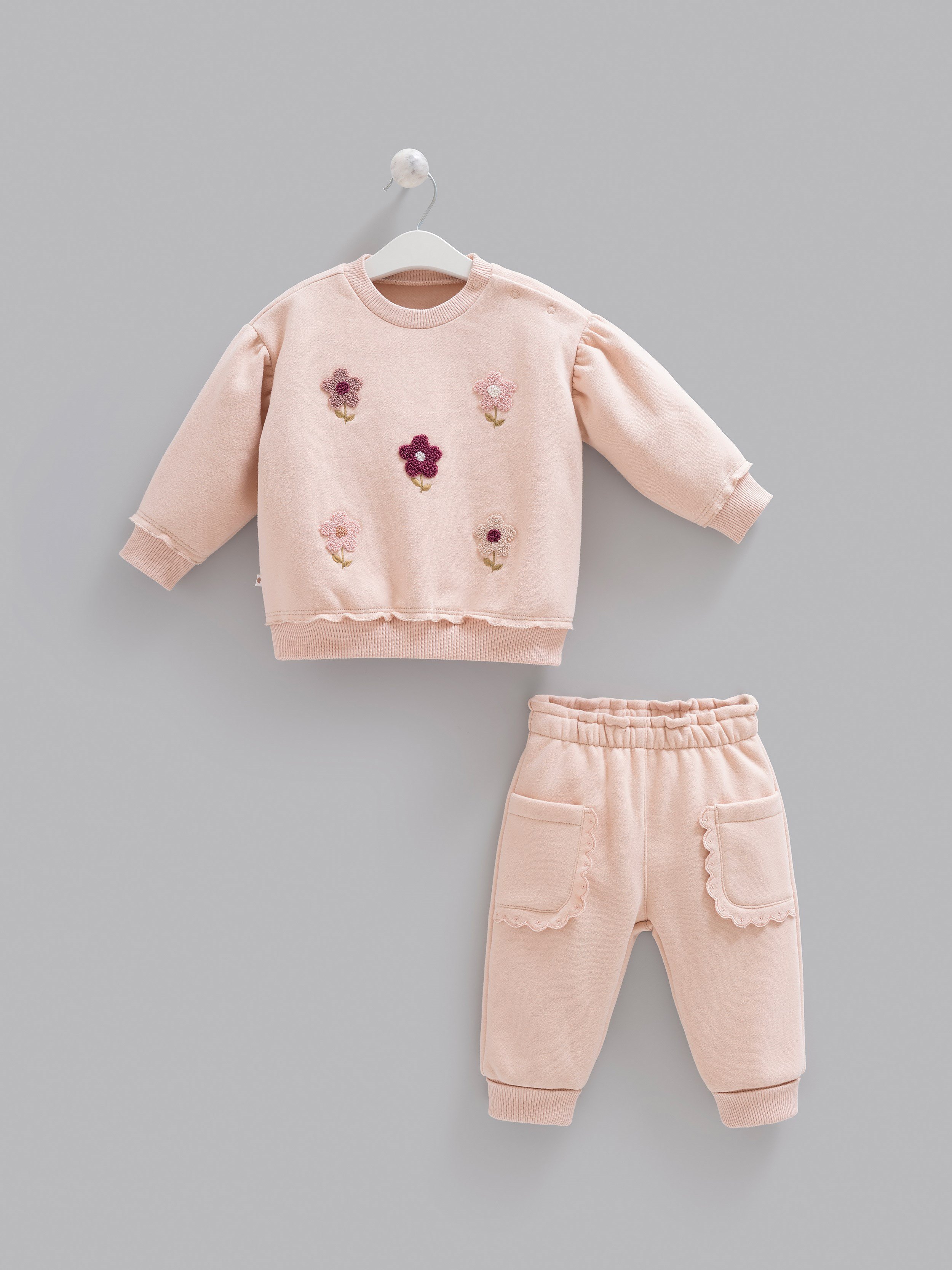 Kız Bebek Takımı Çiçek İşlemeli 3 İplik Şardonlu Pamuklu Kışlık Alt Üst Takım - Miniccobaby