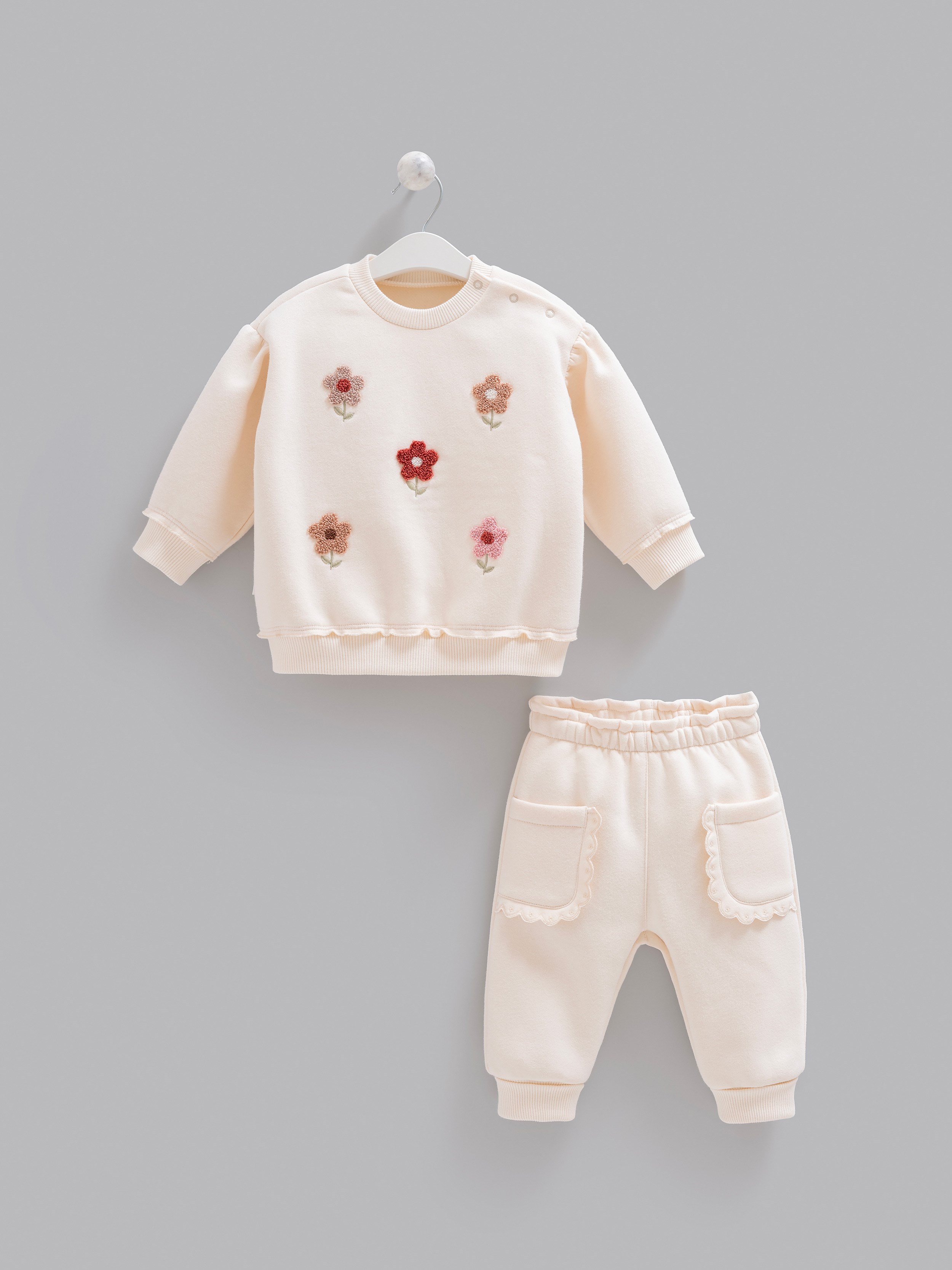 Kız Bebek Takımı Çiçek İşlemeli 3 İplik Şardonlu Pamuklu Kışlık Alt Üst Takım - Miniccobaby