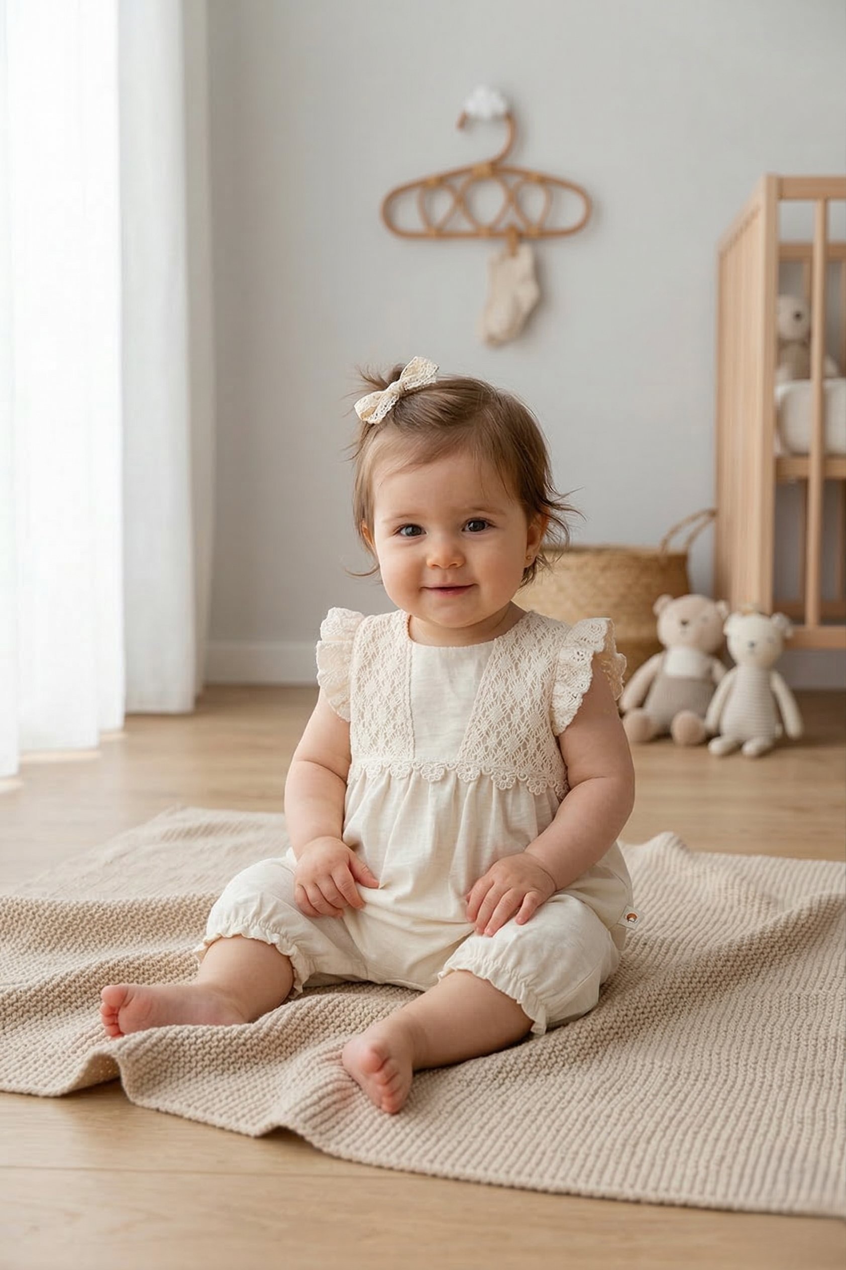 Kız Bebek Tulumu Dantel Detaylı %70 Pamuk %30 Keten
