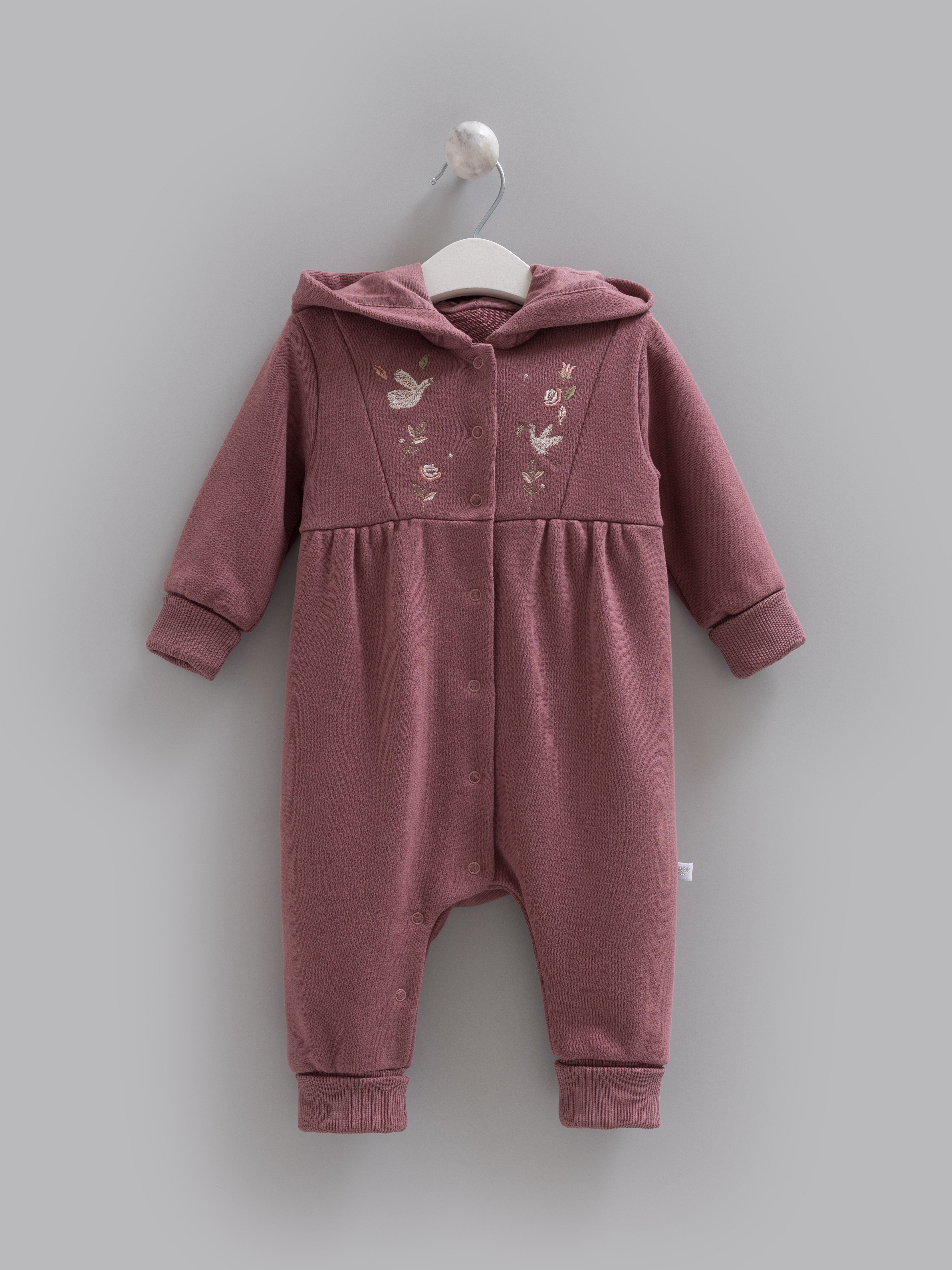 Kız Bebek Tulumu Kapüşonlu Çiçek Nakışlı 3 İplik Şardonsuz Çıtçıtlı Tulum - Miniccobaby