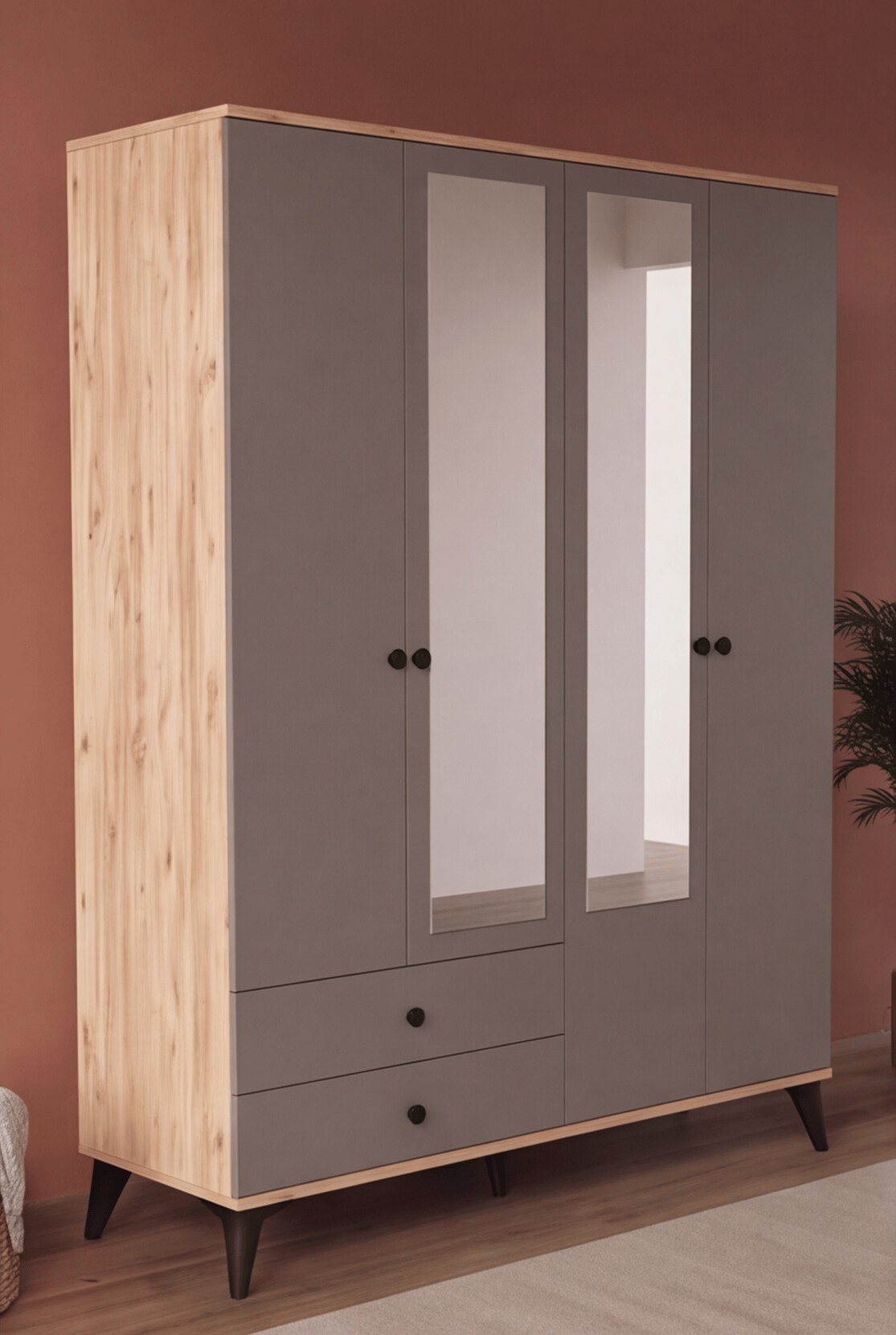 Beta Gardırop 4 Kapaklı 2 Çekmeceli Aynalı Atlantik Çam Koyu Gri 145 cm