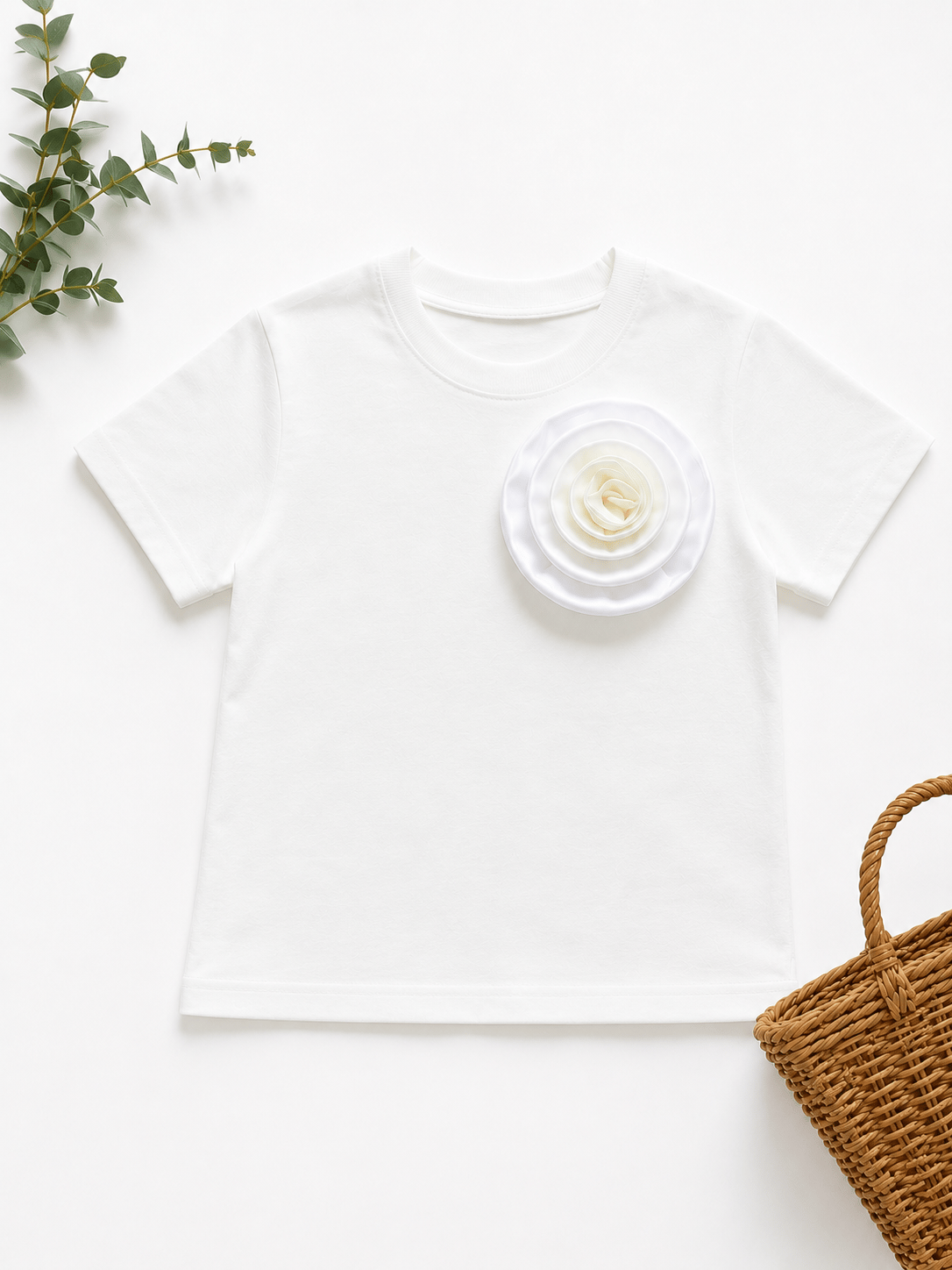 PONKİ ÇİÇEK DETAYLI  BEYAZ PAMUKLU T-SHIRT
