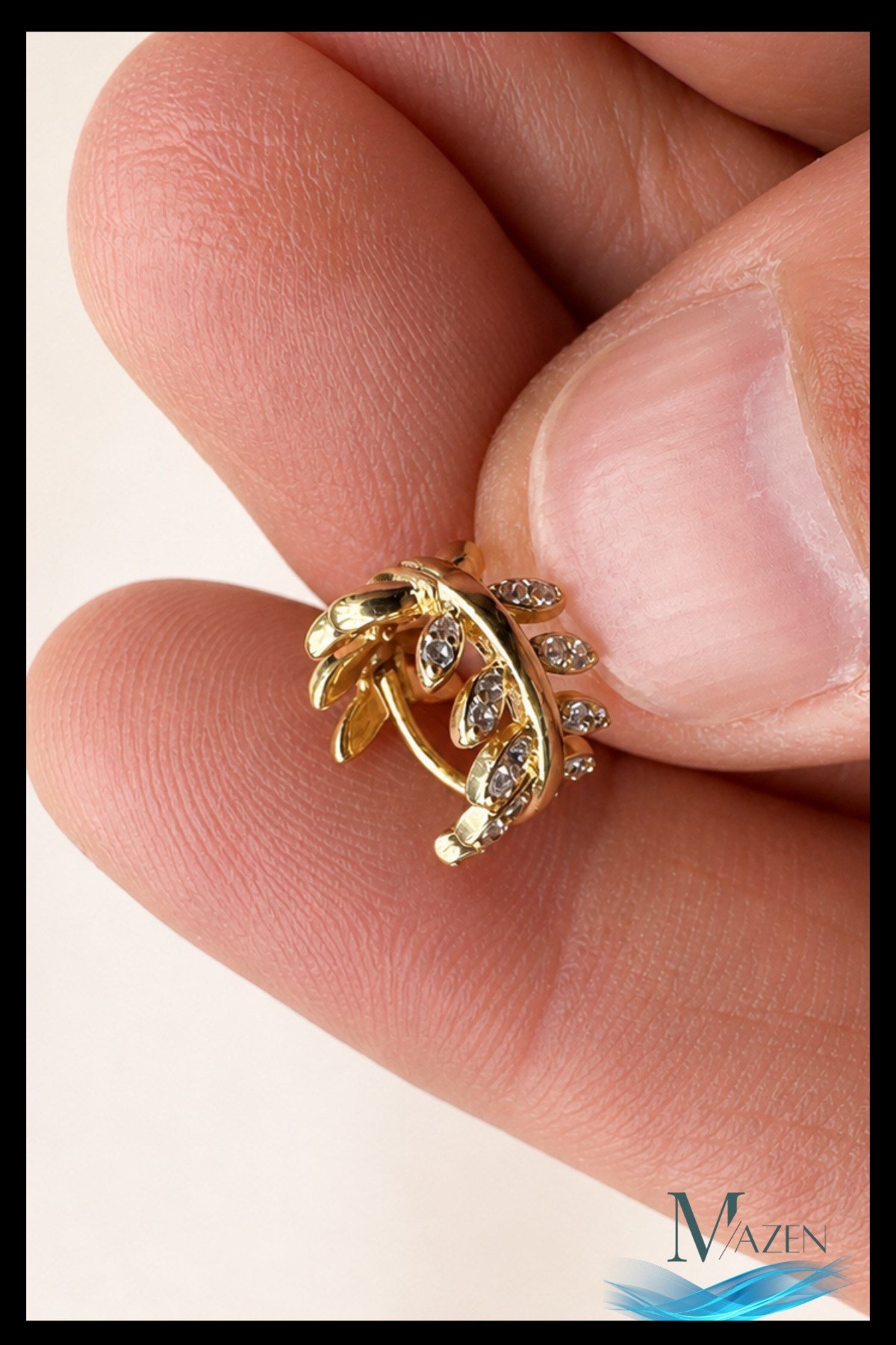 1 Adet Gold Renk Yaprak Dizilim Zirkon Taşlı Halka Küpe | 8 MM Helix Kıkırdak | Kararmaz