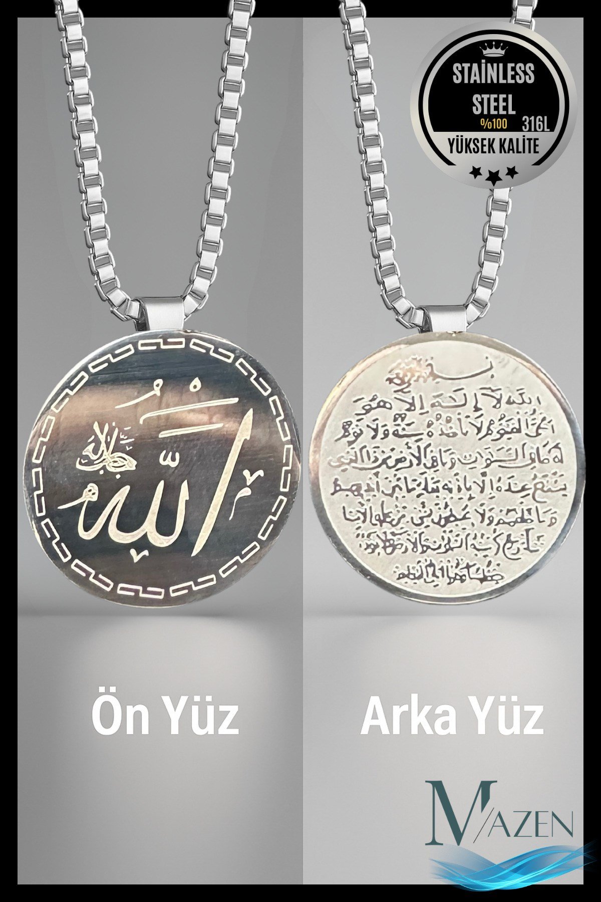 1 Adet Gri Allah Yazılı Ayetel Kürsi Çelik Kolye | Çift Taraflı | 316L Paslanmaz Çelik | Erkek Kadın