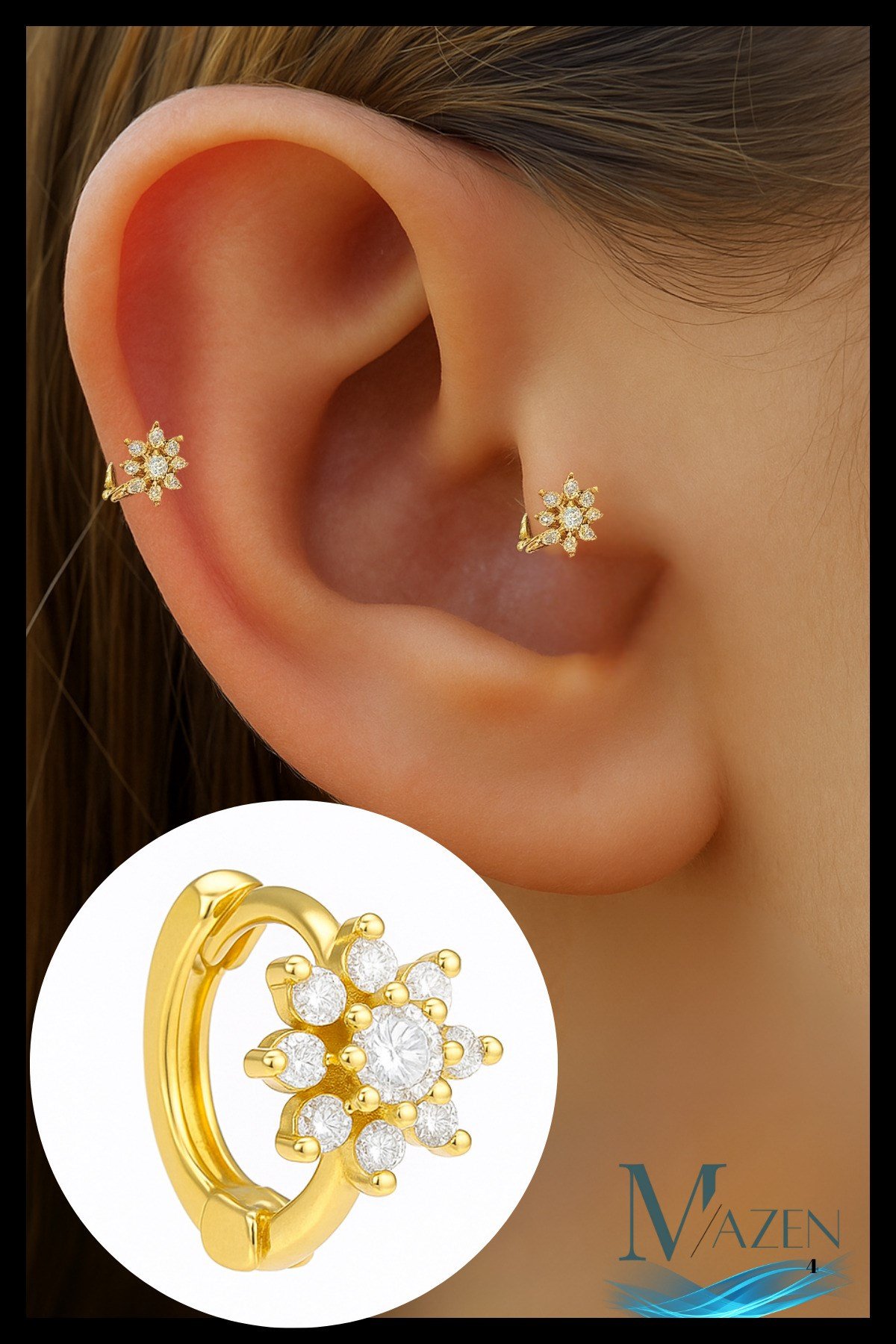 1 Adet Gümüş Kaplama Çiçek Model Tragus Helix Küpe | Kararmaz Kaliteli Piercing Küpe | Gold Renk