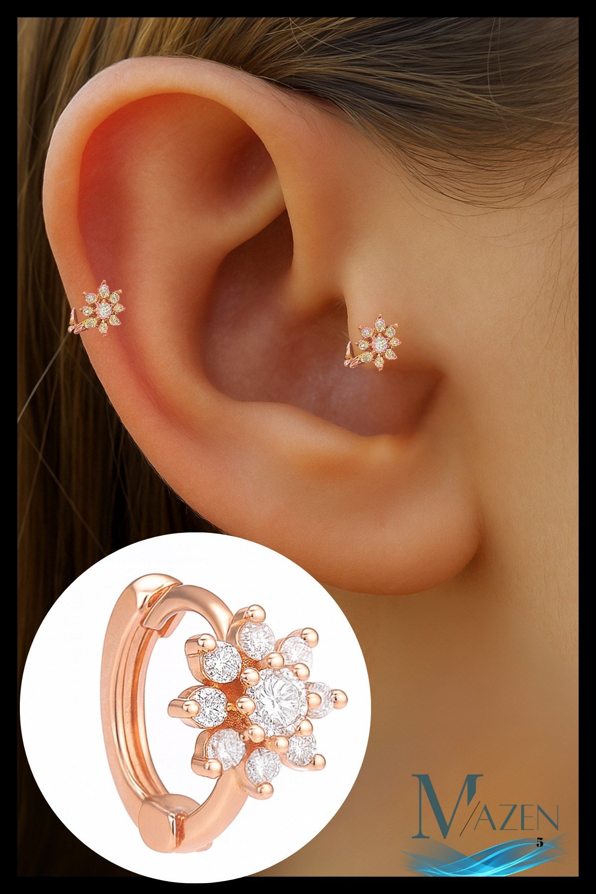 1 Adet Gümüş Kaplama Çiçek Model Tragus Helix Küpe | Kararmaz Kaliteli Piercing Küpe | Roz Renk Rose