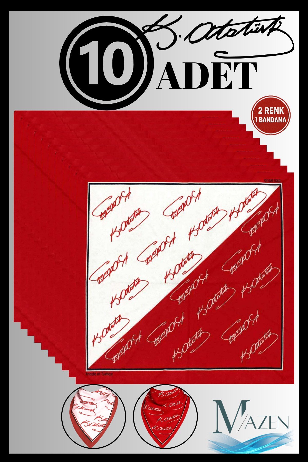 10’lu Atatürk İmzalı Pamuklu Çift Taraflı Bandana Fular | Kırmızı 50x50 | Okul Tören Gösteri