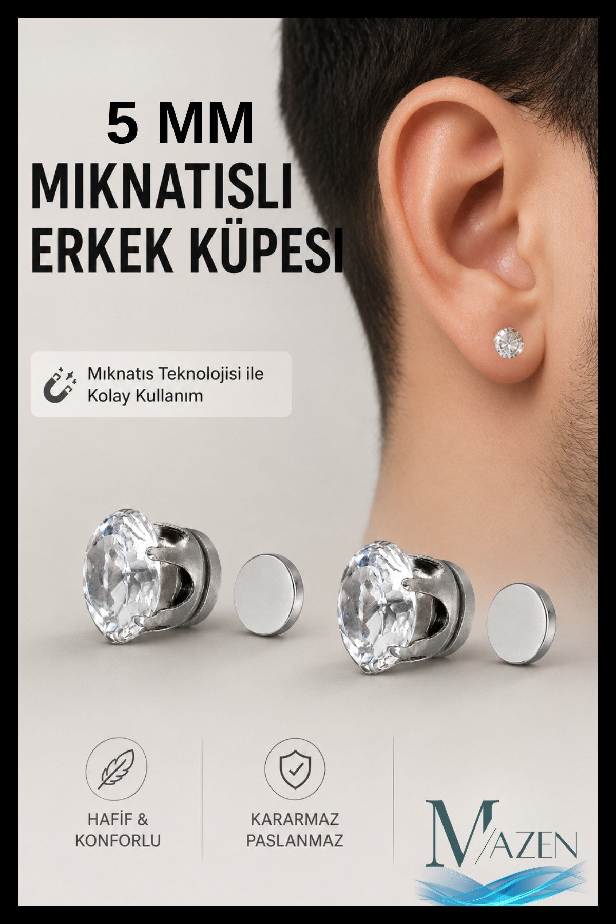 2 Adet Güçlü Mıknatıslı 5 mm Tektaş Küpe | Deliksiz Fake Küpe | Erkek Kadın