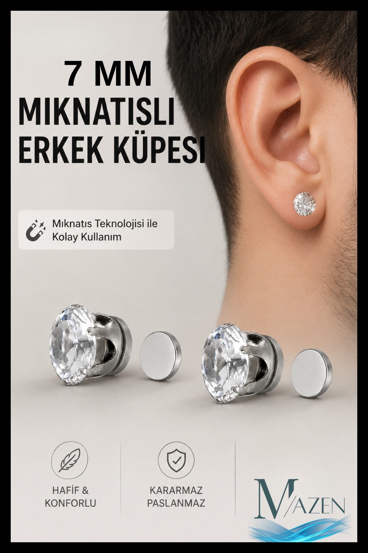 2 Adet Güçlü Mıknatıslı 7 mm Tektaş Küpe | Deliksiz Fake Küpe | Erkek Kadın