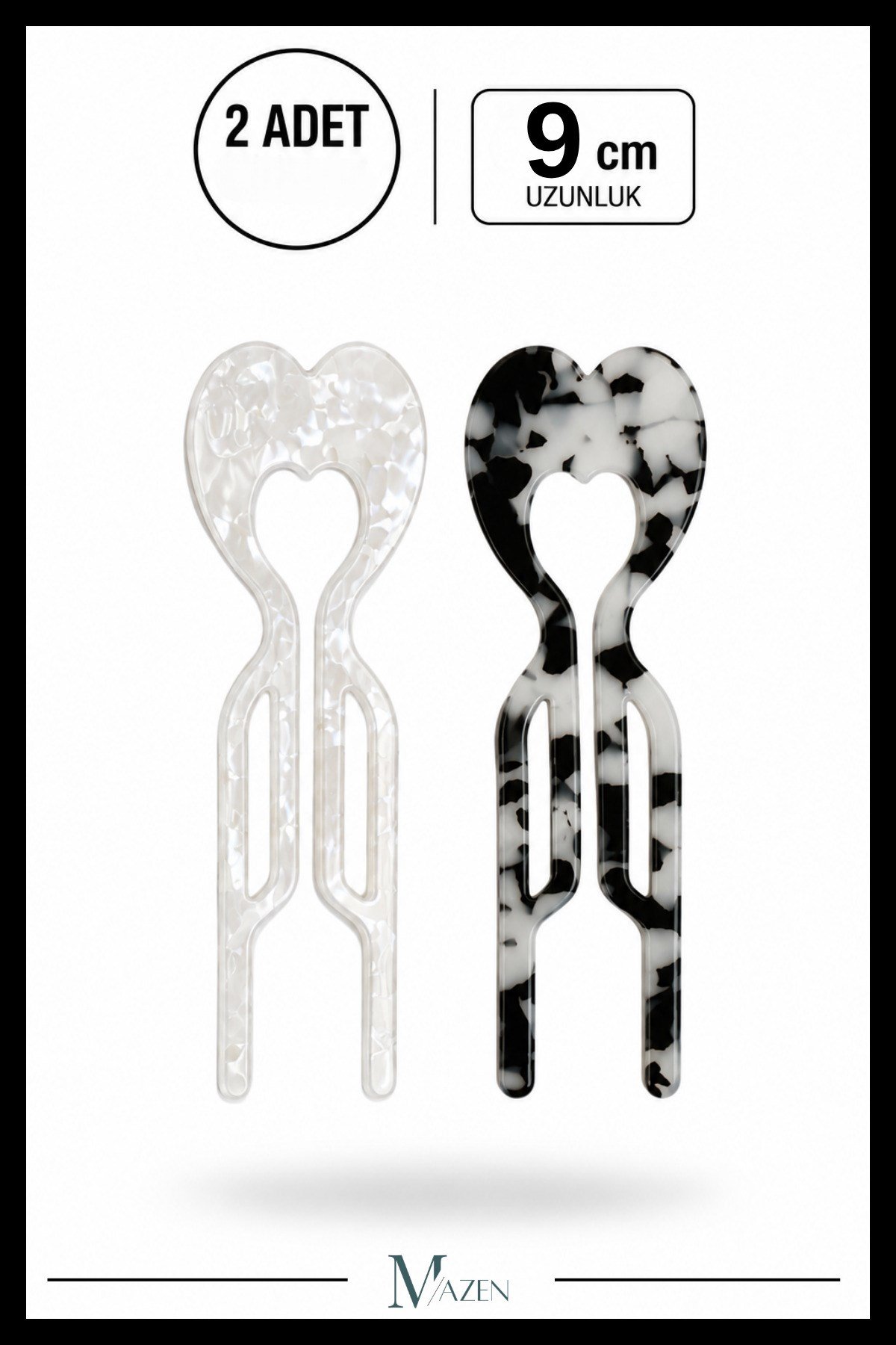 2 Adet Kalp Model Hairpin Saç Topuz Tokası Çubuk Toka Siyah Beyaz 9 cm