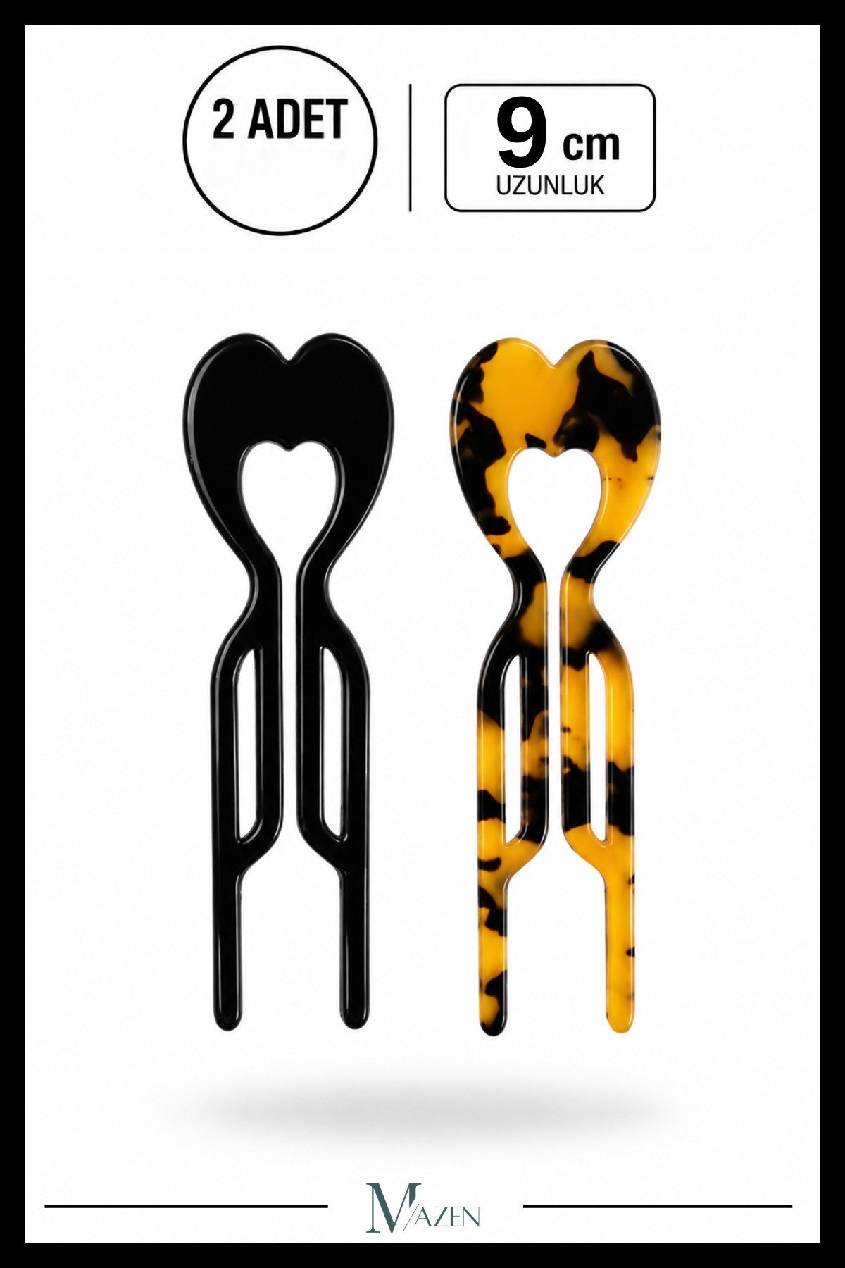 2 Adet Kalp Model Hairpin Saç Topuz Tokası Çubuk Toka Siyah Leopar 9 cm