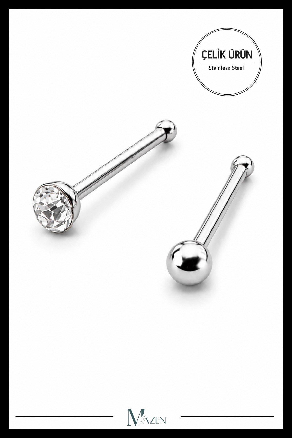 2’li Çelik Hızma Seti | Toplu & Zirkon Taşlı | 3 mm | Kararmaz Burun Piercing