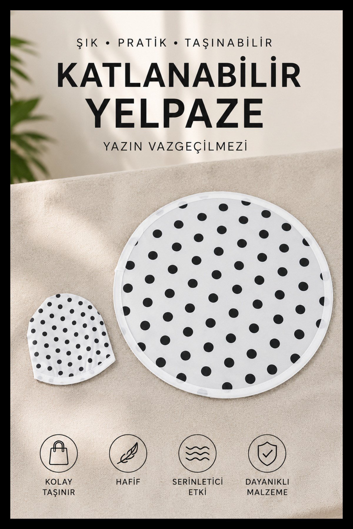 25 cm Puantiye Desenli Katlanabilir Yuvarlak Yazlık Taşınabilir El Yelpazesi