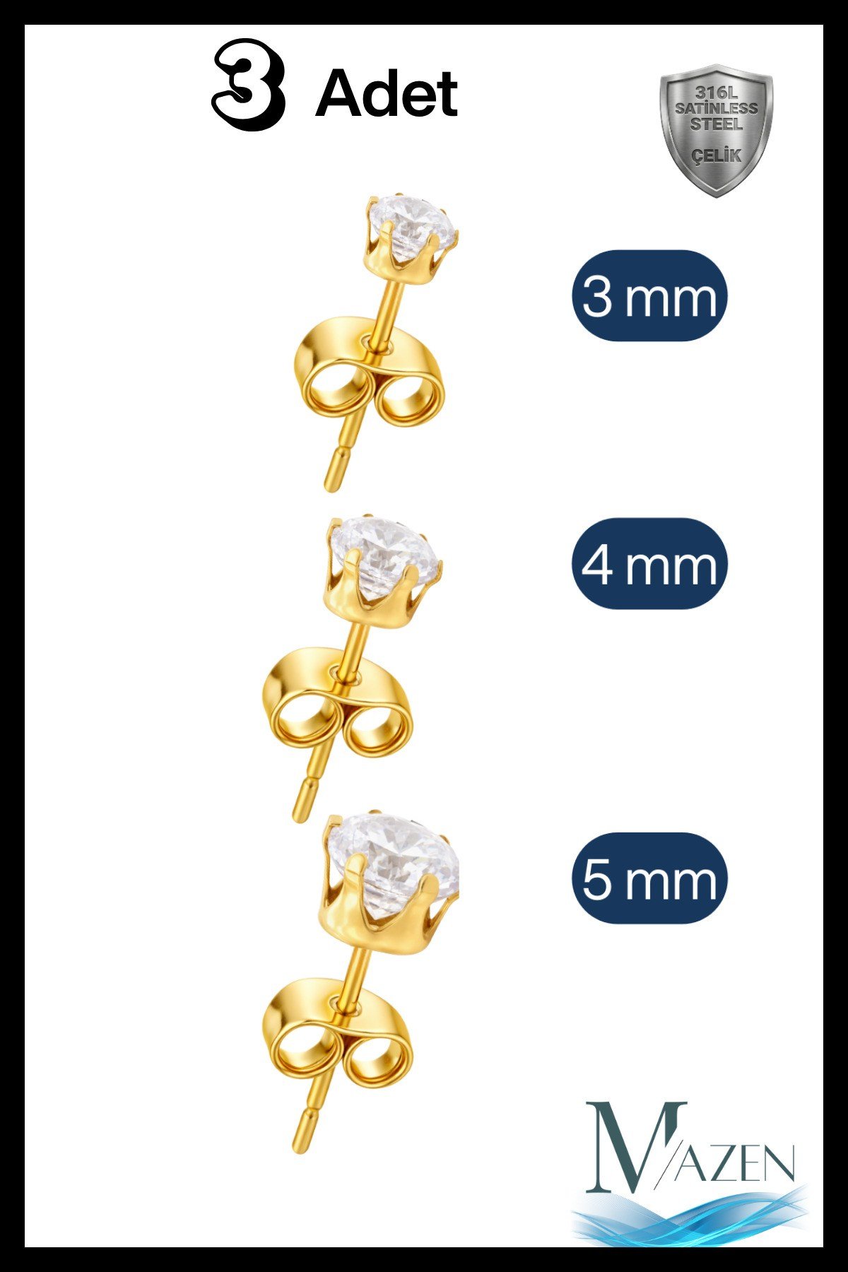 3 Adet 3 Farklı Boy Çelik Tektaş Küpe Gold Renk Antialerjik