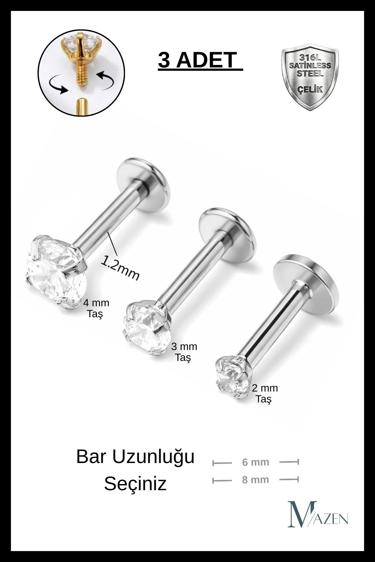 3 Adet Cerrahi Çelik Taşlı Tragus, Helix, Dudak, Kıkırdak Piercing ( Bar Uzunluğu Seçiniz )
