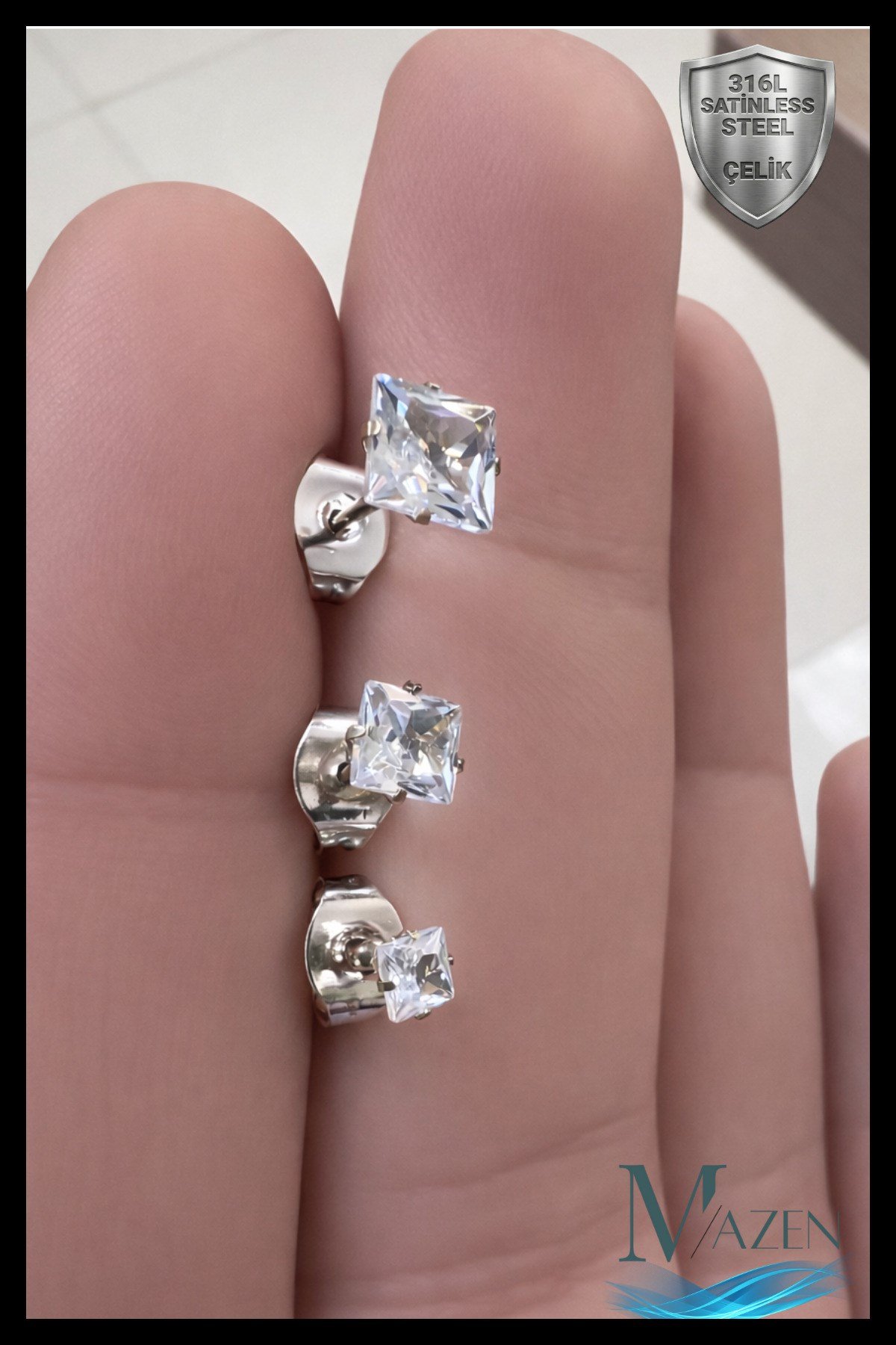 3 Adet Kare Taşlı Unisex Çelik Küpe Seti | 3mm 4mm 5mm | Gümüş Renk