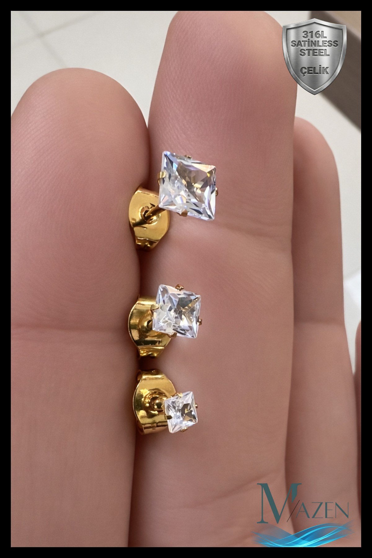 3 Adet Kare Taşlı Unisex Çelik Küpe Seti | 3mm 4mm 5mm | Gold Renk