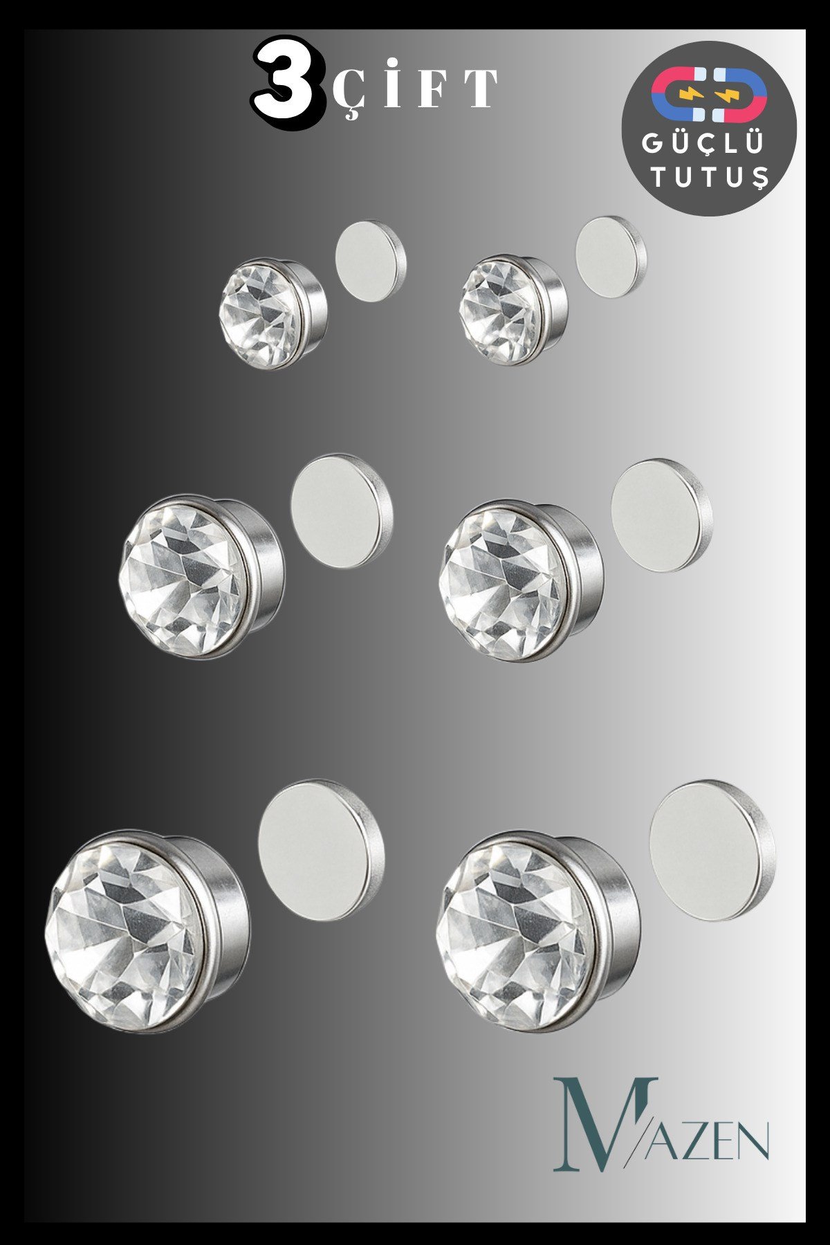 3 Çift Mıknatıslı Tek Taş Küpe | Güçlü Tutuş | Deliksiz Kullanım | Unisex Aksesuar (2 - 4 - 6 mm )