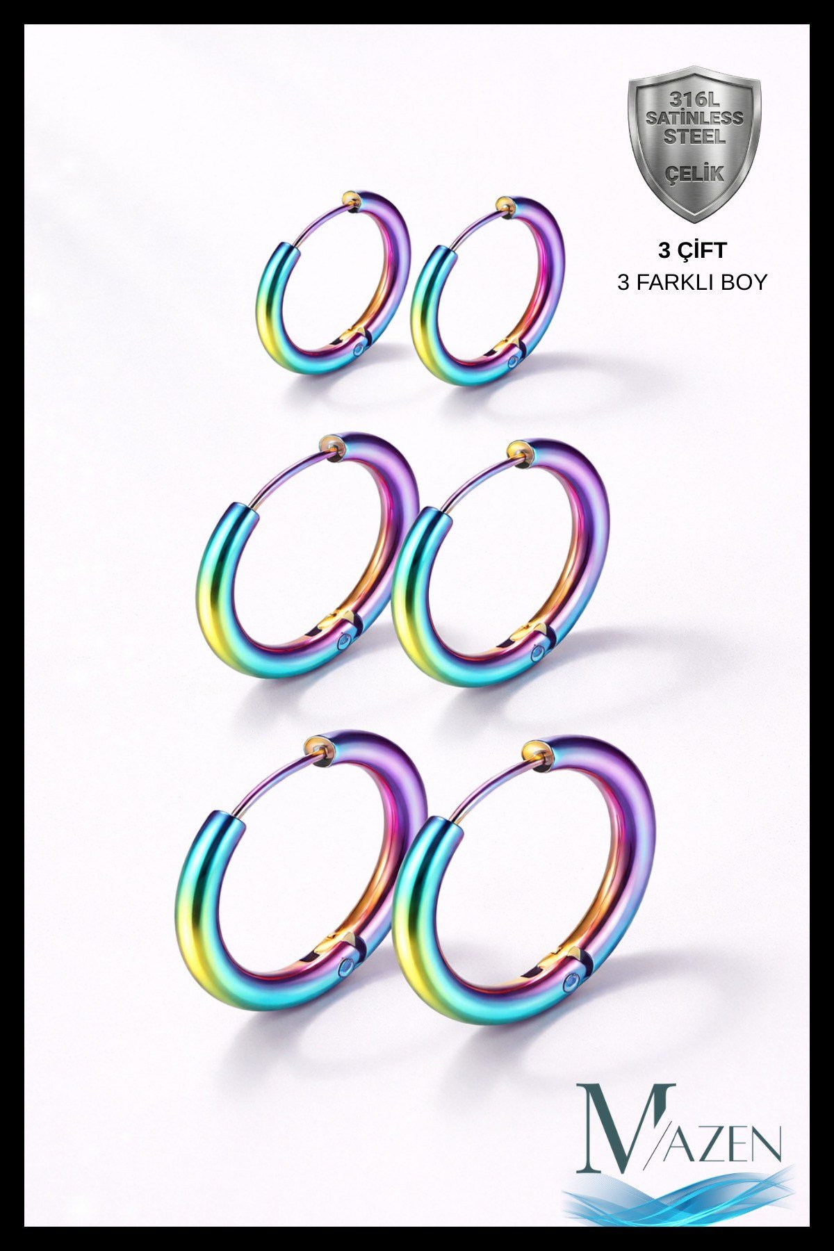 316L Çelik Hologramlı Neon Halka Küpe Set | 6 Adet | 3 Farklı Boy