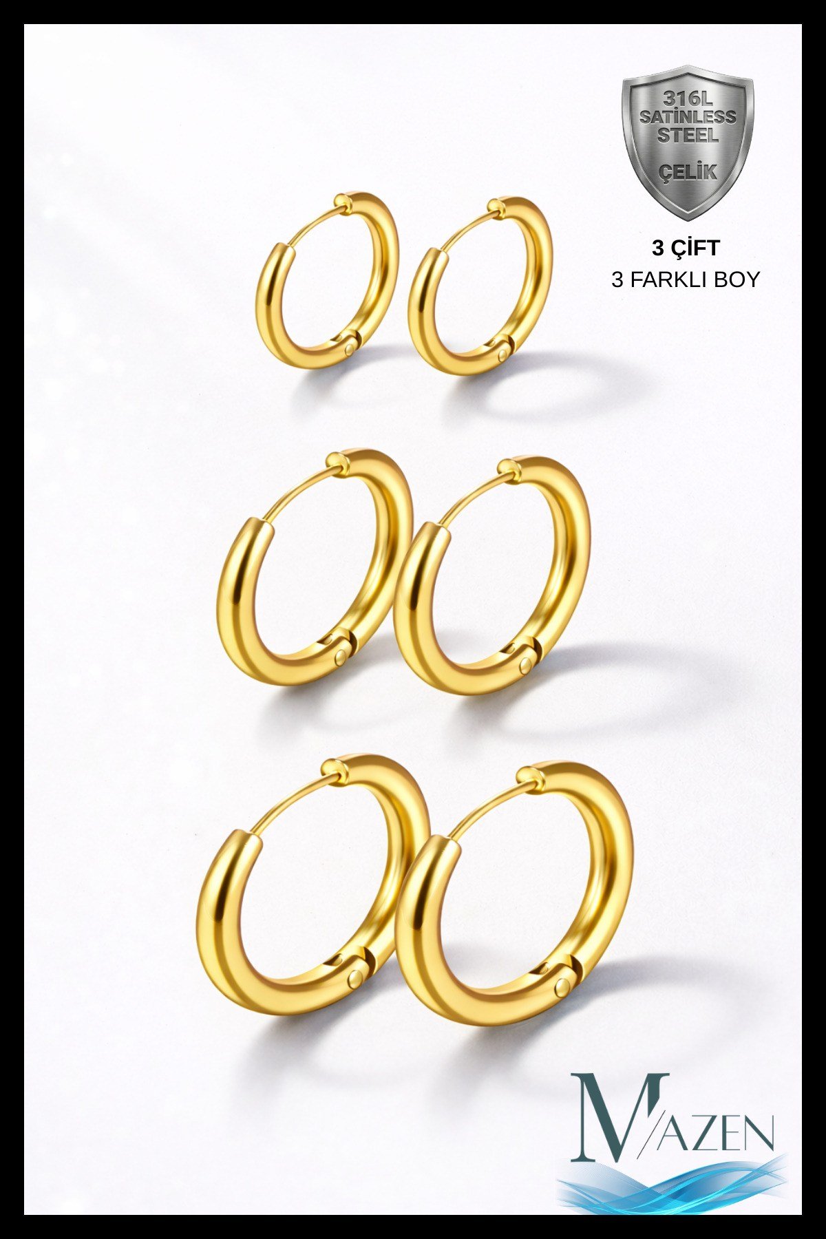 316L Çelik Set Halka Küpe | Gold Renk | 6 Adet 3 Farklı Boy | ANTİALERJİK