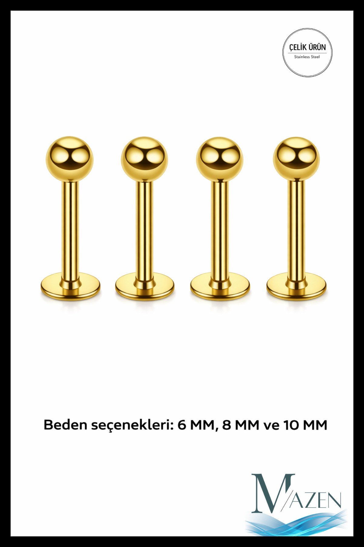 316l Cerrahi Çelik 4'lü Set Tek Top Gold Renk Tragus, Helix, Dudak Piercing